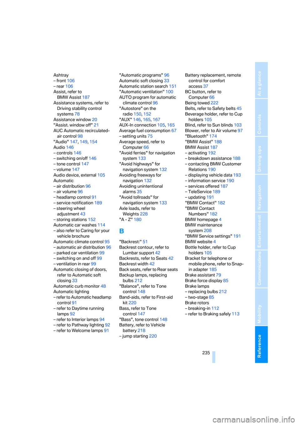 BMW M5 SEDAN 2007 E60 Owners Manual Reference 235
At a glance
Controls
Driving tips
Communications
Navigation
Entertainment
Mobility
Ashtray
– front106
– rear106
Assist, refer to 
BMW Assist187
Assistance systems, refer to 
Driving 