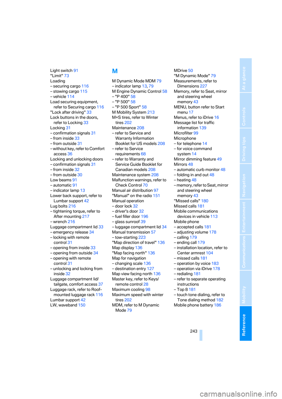BMW M5 SEDAN 2007 E60 Owners Manual Reference 243
At a glance
Controls
Driving tips
Communications
Navigation
Entertainment
Mobility
Light switch91
"Limit"73
Loading
– securing cargo116
– stowing cargo115
– vehicle114
Load securin