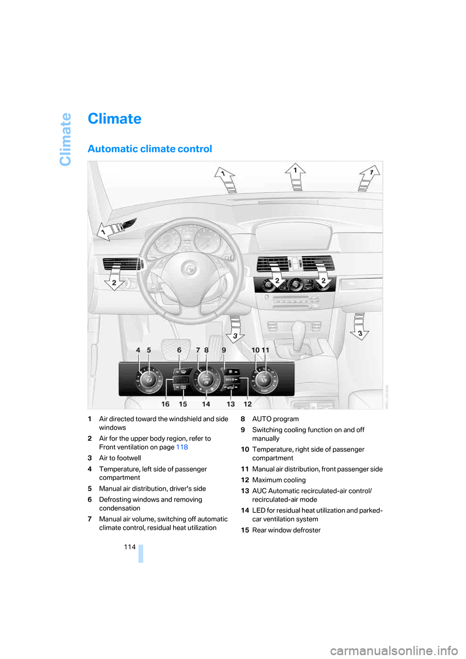 BMW 535XI SEDAN 2008 E60 Owners Manual Climate
114
Climate
Automatic climate control
1Air directed toward the windshield and side 
windows
2Air for the upper body region, refer to 
Front ventilation on page118
3Air to footwell
4Temperature