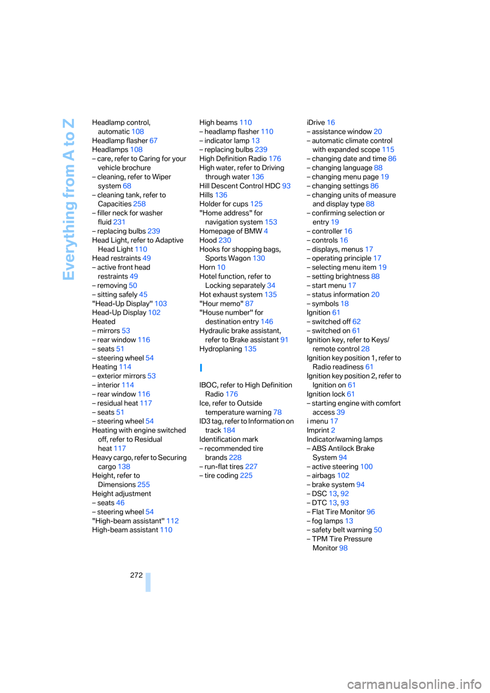 BMW 528I SEDAN 2008 E60 Owners Manual Everything from A to Z
272 Headlamp control, 
automatic108
Headlamp flasher67
Headlamps108
– care, refer to Caring for your 
vehicle brochure
– cleaning, refer to Wiper 
system68
– cleaning tank