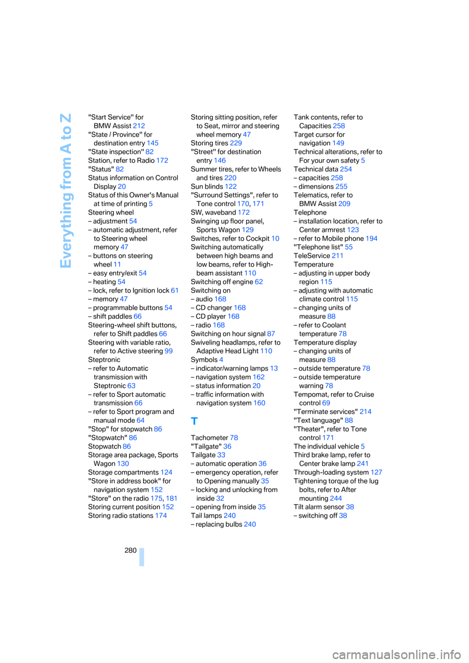 BMW 528I SEDAN 2008 E60 Owners Manual Everything from A to Z
280 "Start Service" for 
BMW Assist212
"State / Province" for 
destination entry145
"State inspection"82
Station, refer to Radio172
"Status"82
Status information on Control 
Dis