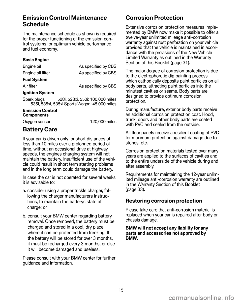 BMW 5 SERIES 2008 E60 Service and warranty information Emission Control Maintenance 
Schedule
The maintenance schedule as shown is required 
for the proper functioning of the emission con-
trol systems for optimum vehicle performance
and fuel economy.
Bas