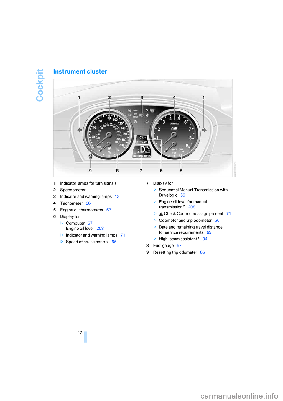 BMW M5 SEDAN 2008 E60 User Guide Cockpit
12
Instrument cluster
1Indicator lamps for turn signals
2Speedometer
3Indicator and warning lamps13
4Tachometer66
5Engine oil thermometer67
6Display for
>Computer67
Engine oil level208
>Indica