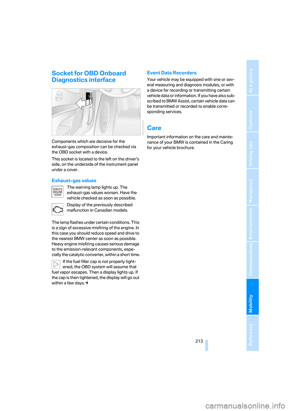 BMW M5 SEDAN 2008 E60 Owners Manual Mobility
 213Reference
At a glance
Controls
Driving tips
Communications
Navigation
Entertainment
Socket for OBD Onboard 
Diagnostics interface
Components which are decisive for the 
exhaust-gas compos