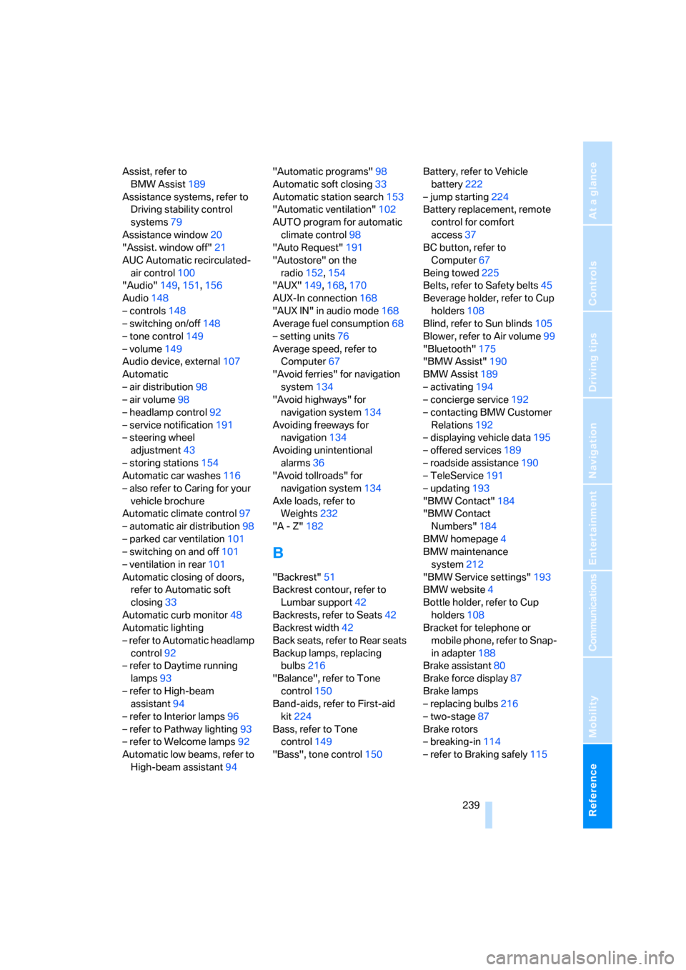 BMW M5 SEDAN 2008 E60 Owners Manual Reference 239
At a glance
Controls
Driving tips
Communications
Navigation
Entertainment
Mobility
Assist, refer to 
BMW Assist189
Assistance systems, refer to 
Driving stability control 
systems79
Assi