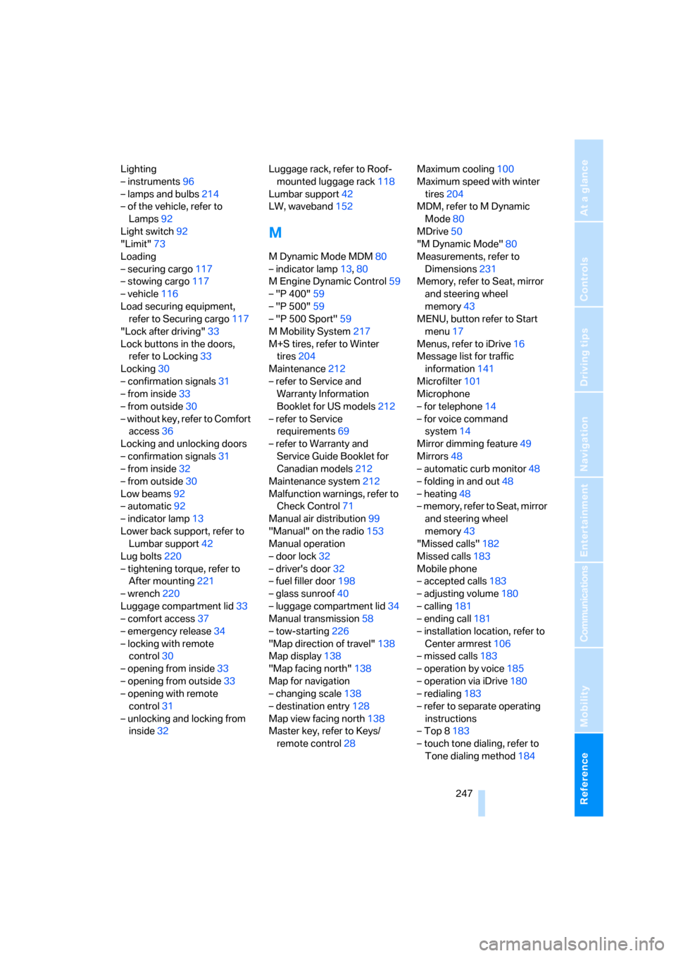 BMW M5 SEDAN 2008 E60 Owners Manual Reference 247
At a glance
Controls
Driving tips
Communications
Navigation
Entertainment
Mobility
Lighting
– instruments96
– lamps and bulbs214
– of the vehicle, refer to 
Lamps92
Light switch92
