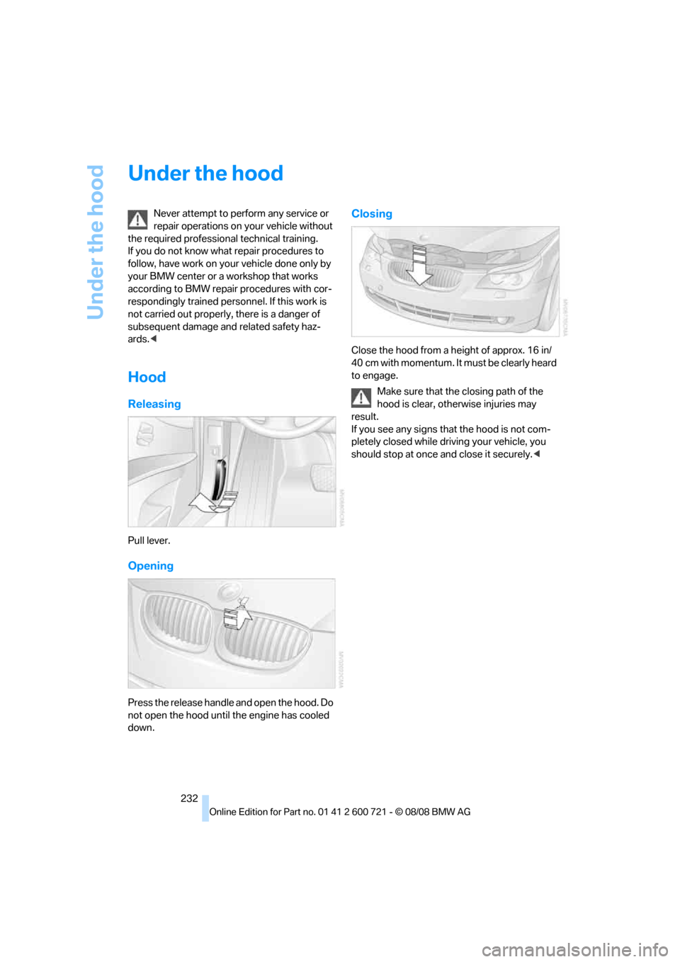 BMW 528I XDRIVE SEDAN 2009 E60 Owners Guide Under the hood
232
Under the hood
Never attempt to perform any service or 
repair operations on your vehicle without 
the required professional technical training. 
If you do not know what repair proc