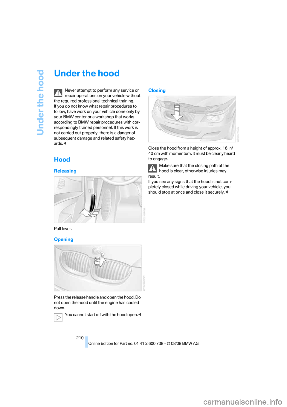 BMW M5 SEDAN 2009 E60 Owners Manual Under the hood
210
Under the hood
Never attempt to perform any service or
repair operations on your vehicle without
the required professional technical training.
If you do not know what repair proc BMW M5 SEDAN 2009 E60 Owners Manual Under the hood
210
Under the hood
Never attempt to perform any service or
repair operations on your vehicle without
the required professional technical training.
If you do not know what repair proc