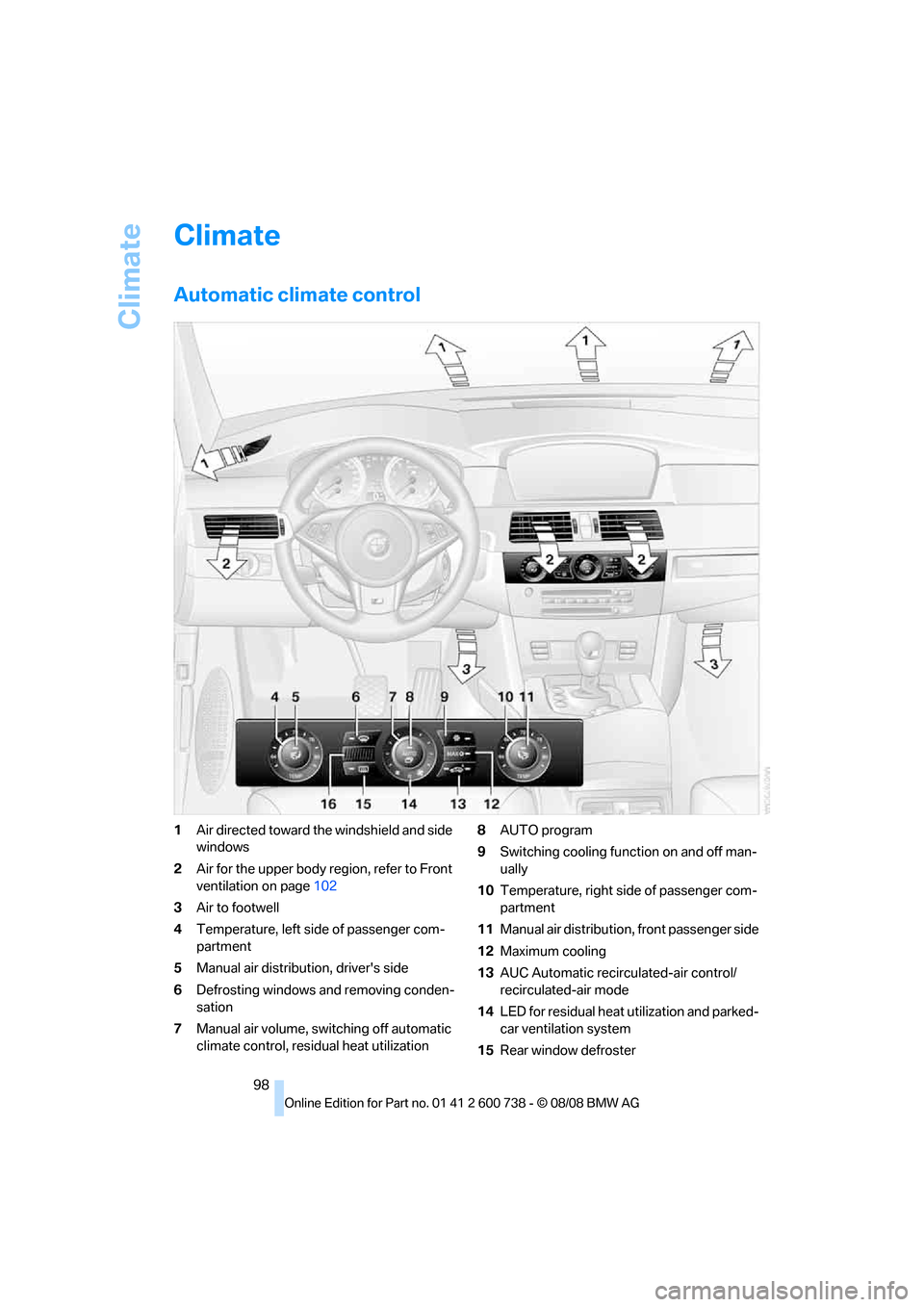 BMW M5 SEDAN 2009 E60 Owners Manual Climate
98
Climate
Automatic climate control
1Air directed toward the windshield and side
windows
2Air for the upper body region, refer to Front
ventilation on page102
3Air to footwell
4Temperature, BMW M5 SEDAN 2009 E60 Owners Manual Climate
98
Climate
Automatic climate control
1Air directed toward the windshield and side
windows
2Air for the upper body region, refer to Front
ventilation on page102
3Air to footwell
4Temperature,