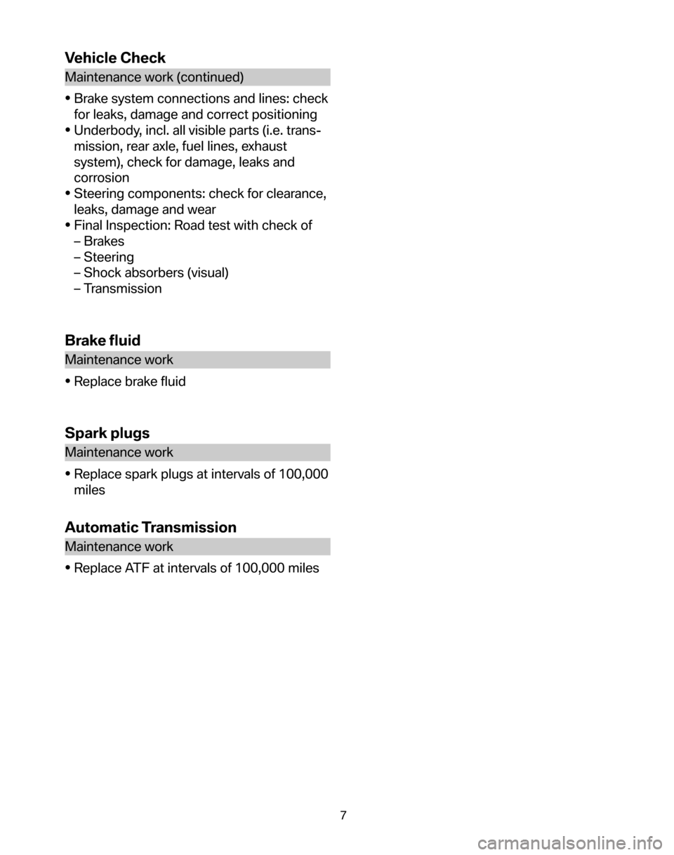 BMW 5 SERIES 2006 E60 Service and warranty information Vehicle Check
Maintenance work (continued) 
• Brake system connections and lines: check for leaks, damage and correct positioning
• Underbody, incl. all visible parts (i.e. trans- mission, rear ax