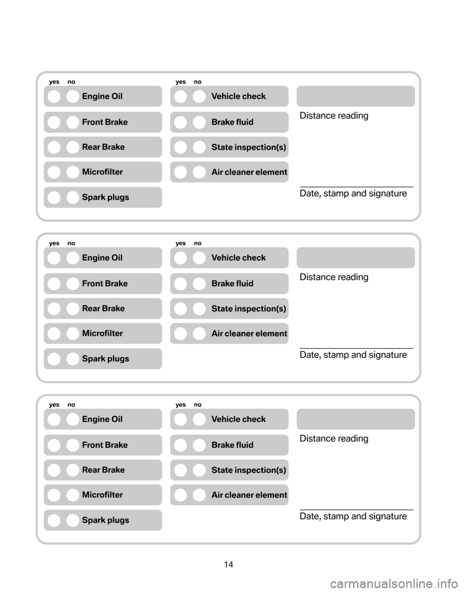 BMW 5 SERIES 2006 E60 Service and warranty information 14
Engine Oil
yes      no
Vehicle check
Front BrakeBrake fluid
Rear Brake
Microfilter
State inspection(s)
Air cleaner element
Spark plugs
yes      no
Distance reading 
Date, stamp and signature
Engine