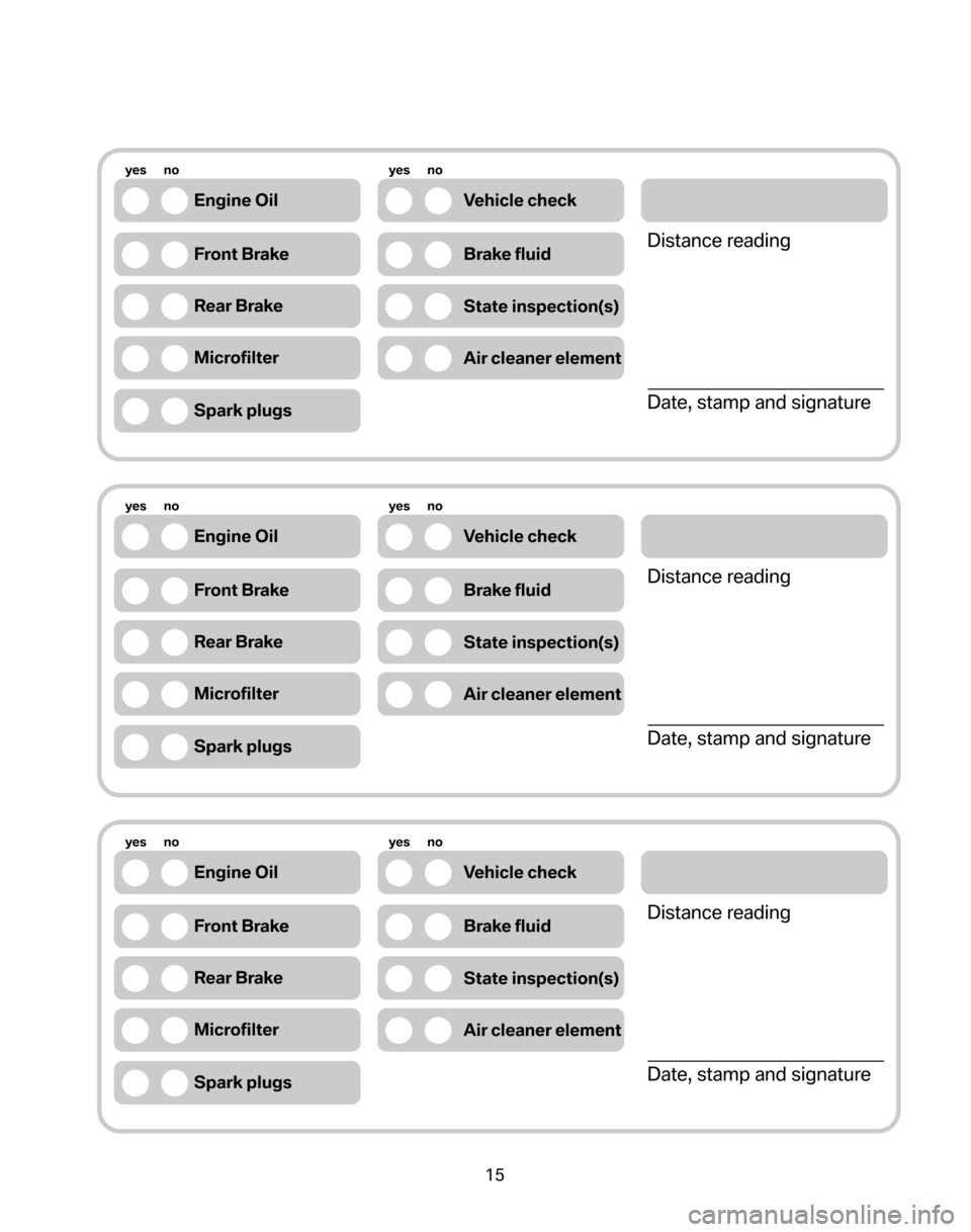 BMW 5 SERIES 2006 E60 Service and warranty information 15
Engine Oil
yes      no
Vehicle check
Front BrakeBrake fluid
Rear Brake
Microfilter
State inspection(s)
Air cleaner element
Spark plugs
yes      no
Distance reading 
Date, stamp and signature
Engine