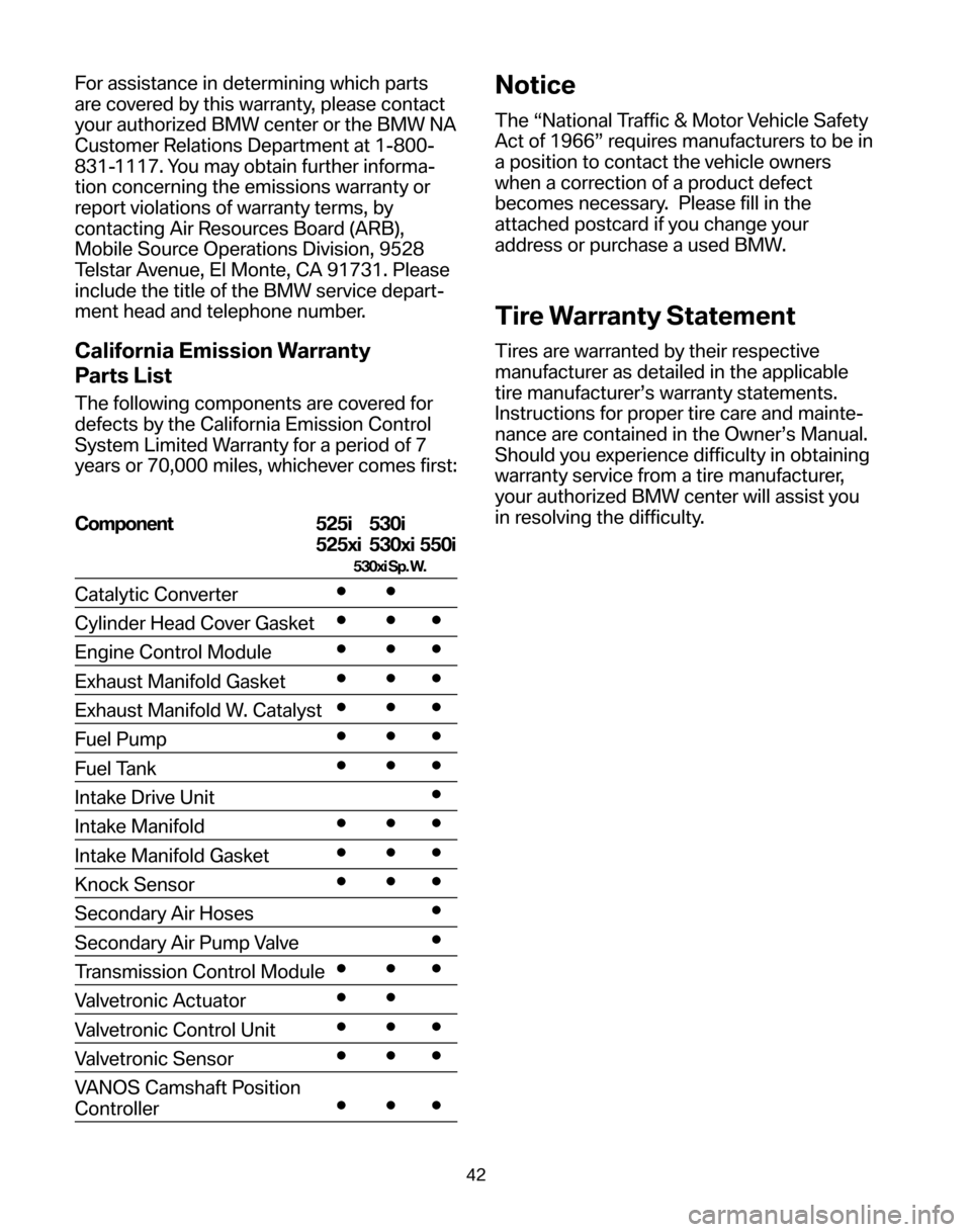 BMW 5 SERIES 2006 E60 Service and warranty information For assistance in determining which parts
are covered by this warranty, please contact
your authorized BMW center or the BMW NA
Customer Relations Department at 1-800-
831-1117. You may obtain furth BMW 5 SERIES 2006 E60 Service and warranty information For assistance in determining which parts
are covered by this warranty, please contact
your authorized BMW center or the BMW NA
Customer Relations Department at 1-800-
831-1117. You may obtain furth