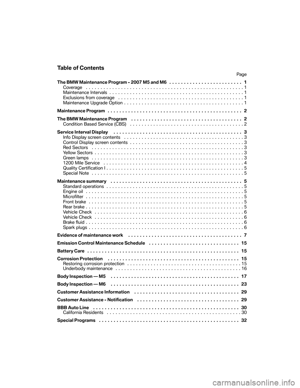 BMW M6 2007 E63 Service and warranty information Table of Contents
Page
The BMW Maintenance Program - 2007 M5 and M6......................... 1
Coverage ......................................................1
Maintenance Intervals...................