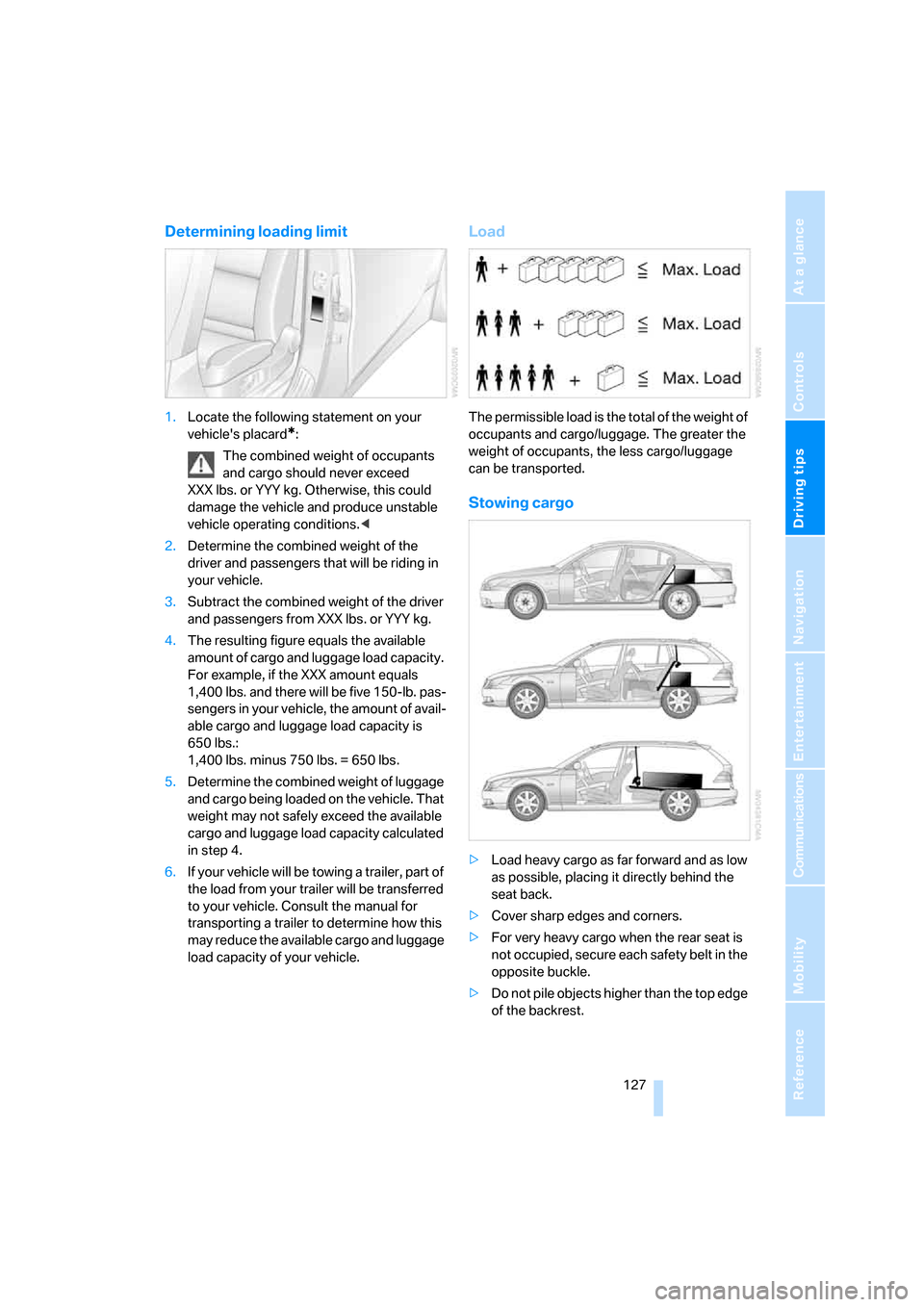 BMW 530XI TOURING 2006 E61 Owners Manual Driving tips
 127Reference
At a glance
Controls
Communications
Navigation
Entertainment
Mobility
Determining loading limit
1.Locate the following statement on your 
vehicles placard
*:
The combined w