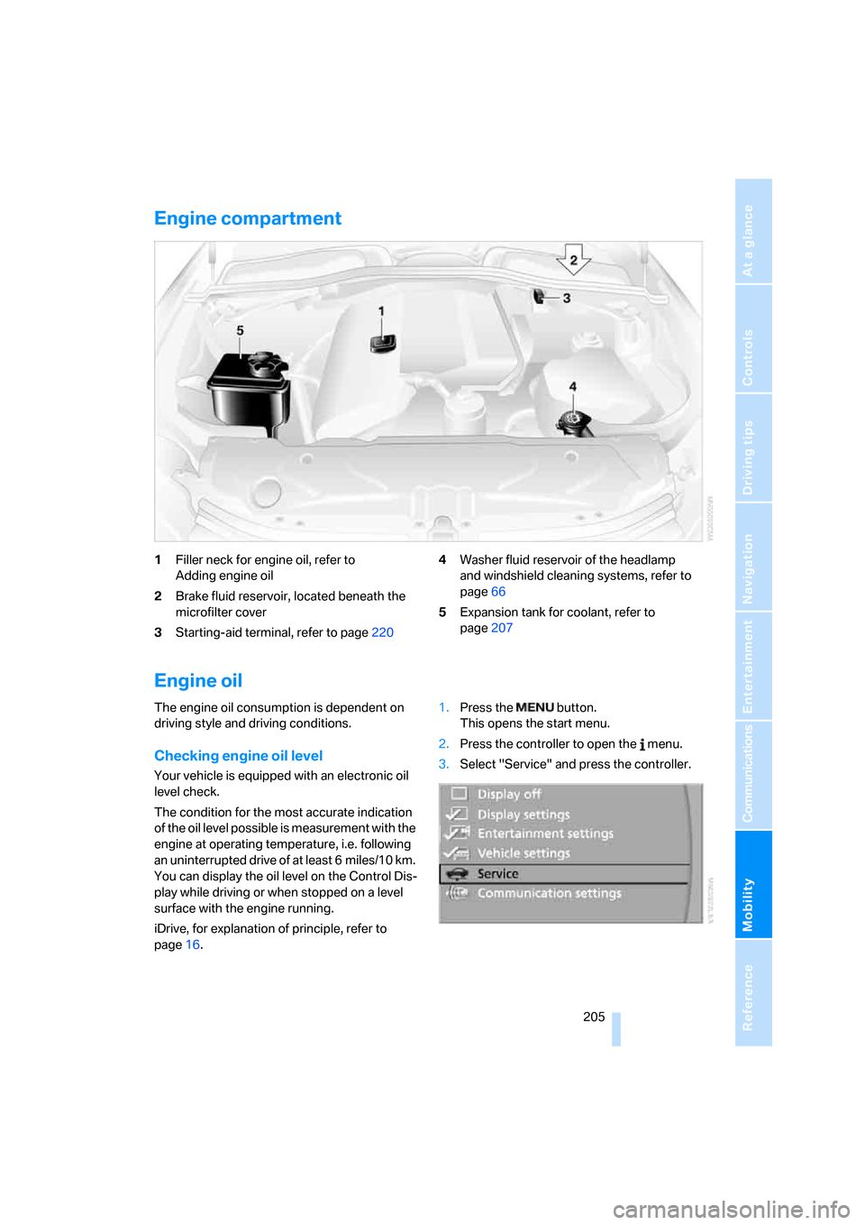 BMW 525XI TOURING 2006 E61 Owners Manual Mobility
 205Reference
At a glance
Controls
Driving tips
Communications
Navigation
Entertainment
Engine compartment
1Filler neck for engine oil, refer to 
Adding engine oil
2Brake fluid reservoir, loc