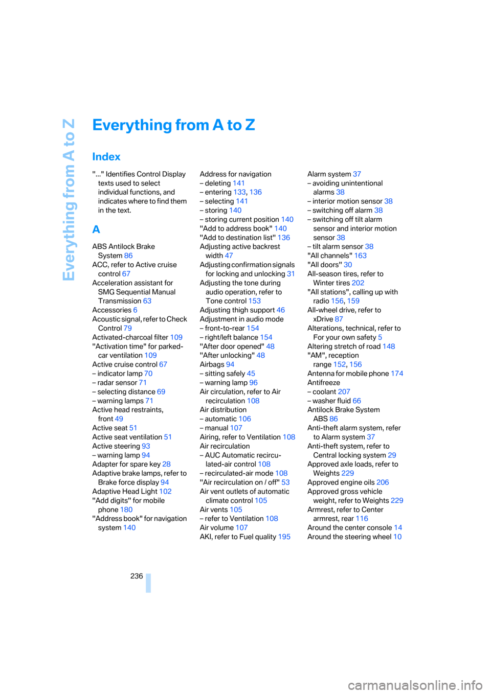 BMW 530I TOURING 2006 E61 Owners Manual Everything from A to Z
236
Everything from A to Z
Index
"..." Identifies Control Display 
texts used to select 
individual functions, and 
indicates where to find them 
in the text.
A
ABS Antilock Bra