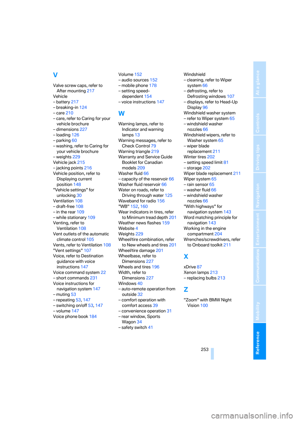 BMW 530XI TOURING 2006 E61 Repair Manual Reference 253
At a glance
Controls
Driving tips
Communications
Navigation
Entertainment
Mobility
V
Valve screw caps, refer to 
After mounting217
Vehicle
– battery217
– breaking-in124
– care210
�