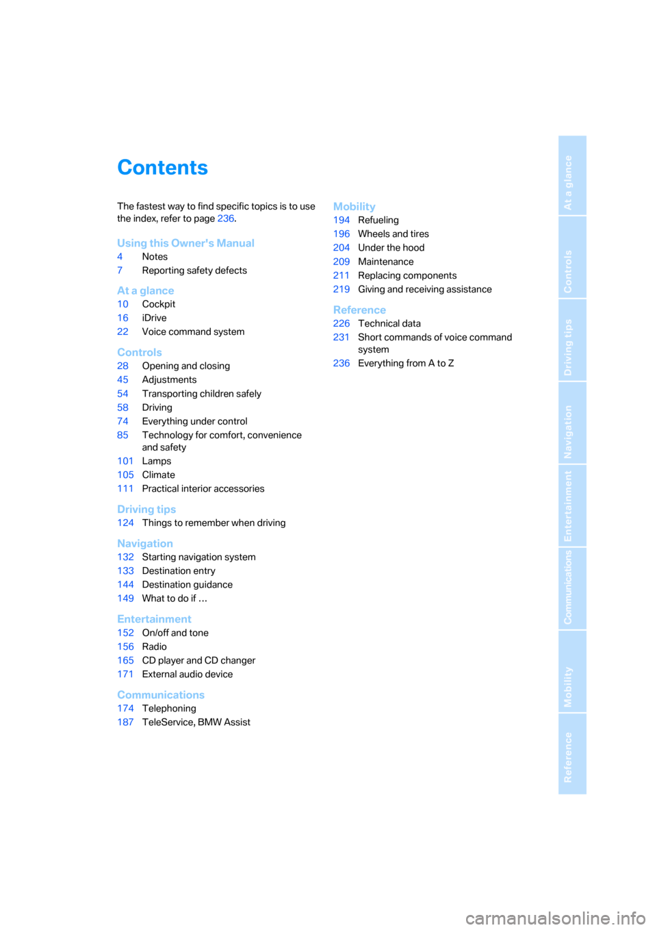 BMW 525XI TOURING 2006 E61 Owners Manual Reference
At a glance
Controls
Driving tips
Communications
Navigation
Entertainment
Mobility
Contents
The fastest way to find specific topics is to use 
the index, refer to page236.
Using this Owners