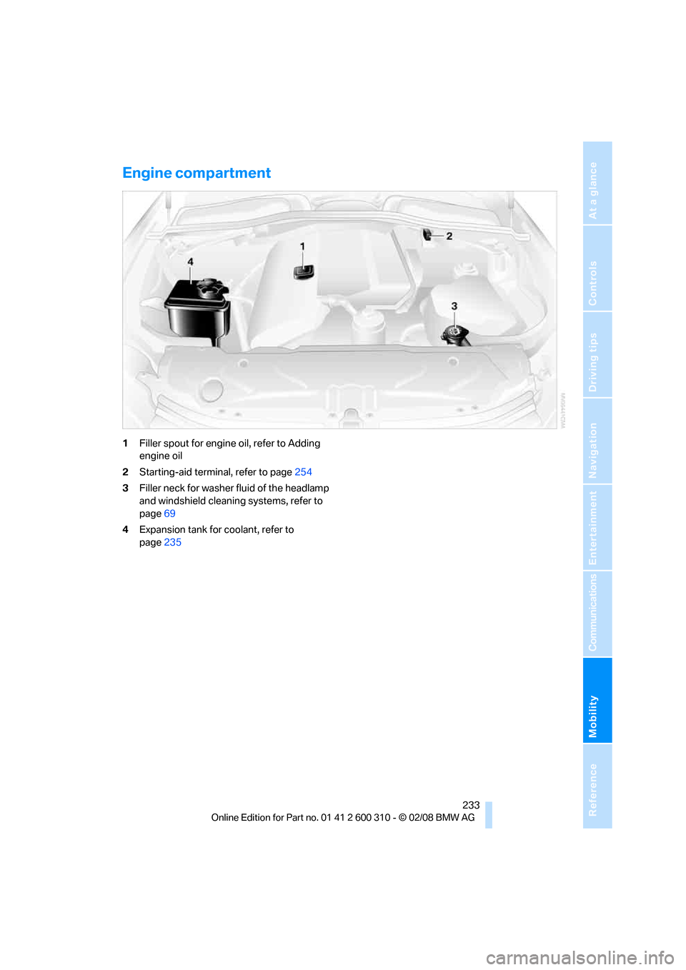 BMW 525I TOURING 2008 E61 Service Manual Mobility
 233Reference
At a glance
Controls
Driving tips
Communications
Navigation
Entertainment
Engine compartment
1Filler spout for engine oil, refer to Adding 
engine oil
2Starting-aid terminal, re
