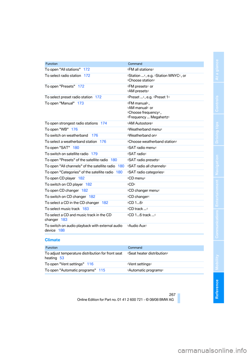 BMW 550I TOURING 2009 E61 Owners Manual Reference 267
At a glance
Controls
Driving tips
Communications
Navigation
Entertainment
Mobility
Climate
To open "All stations"172{FM all stations}
To select radio station172{Station ...}, e.g. {Stati