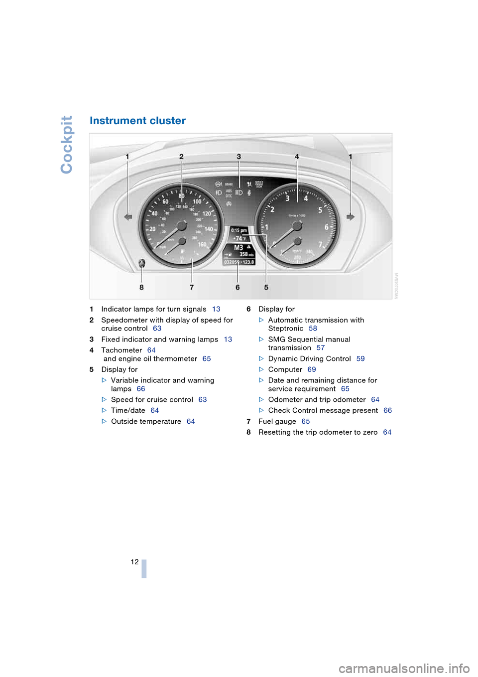 BMW 645CI COUPE 2004 E63 Owners Manual Cockpit
12
Instrument cluster 
1Indicator lamps for turn signals13
2Speedometer with display of speed for 
cruise control63
3Fixed indicator and warning lamps13
4Tachometer64
 and engine oil thermomet