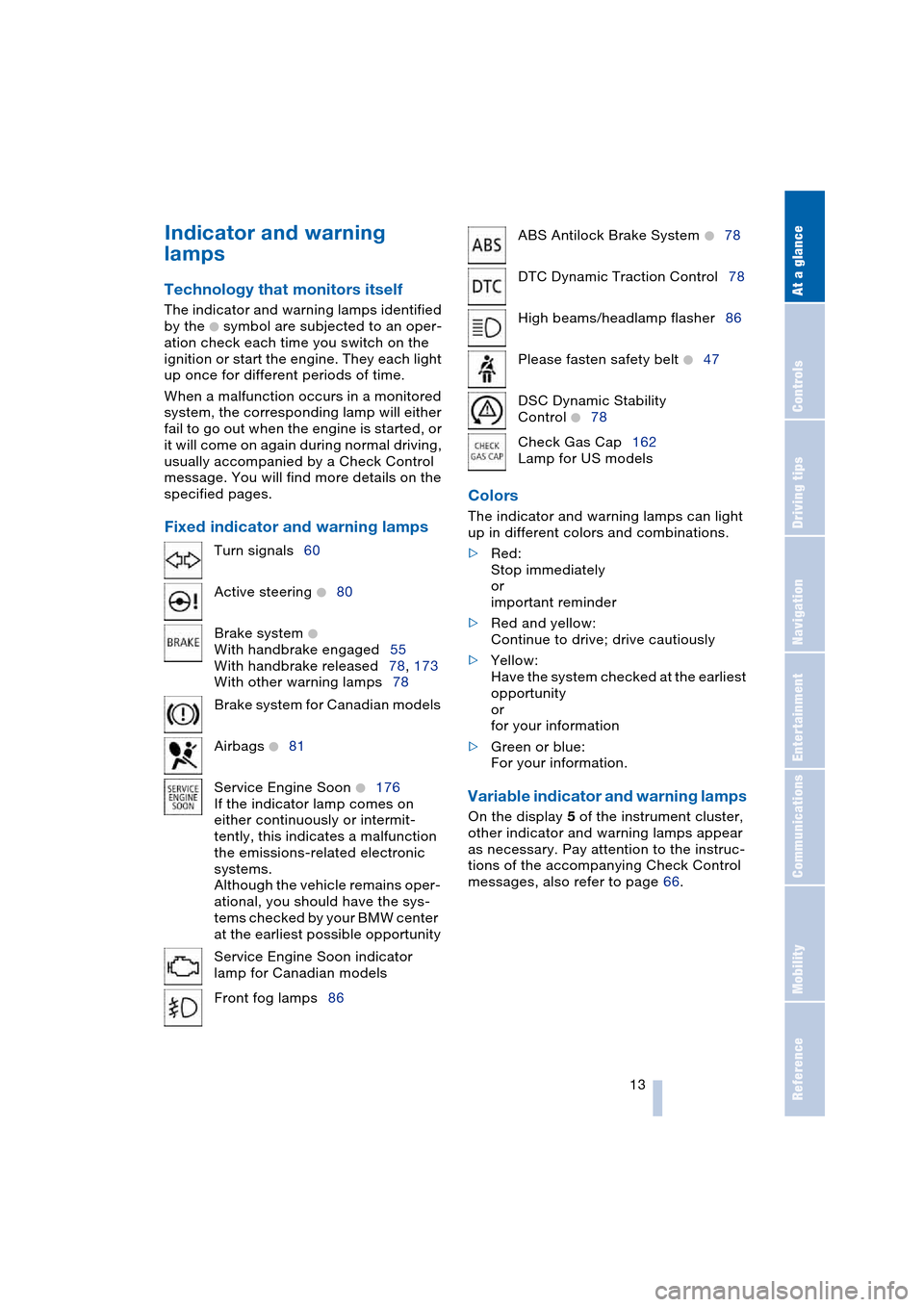 BMW 645CI COUPE 2004 E63 Owners Manual At a glance
 13Reference
Controls
Driving tips
Communications
Navigation
Entertainment
Mobility
Indicator and warning 
lamps 
Technology that monitors itself 
The indicator and warning lamps identifie
