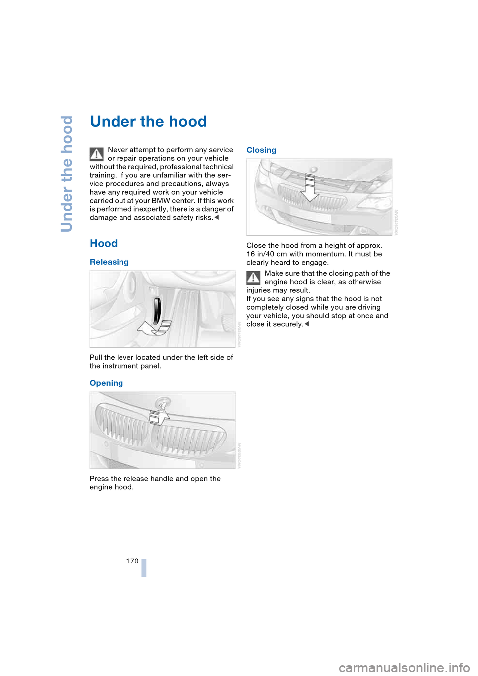 BMW 645CI COUPE 2004 E63 Owners Manual Under the hood
170
Under the hood
Never attempt to perform any service
or repair operations on your vehicle
without the required, professional technical
training. If you are unfamiliar with the se BMW 645CI COUPE 2004 E63 Owners Manual Under the hood
170
Under the hood
Never attempt to perform any service
or repair operations on your vehicle
without the required, professional technical
training. If you are unfamiliar with the se