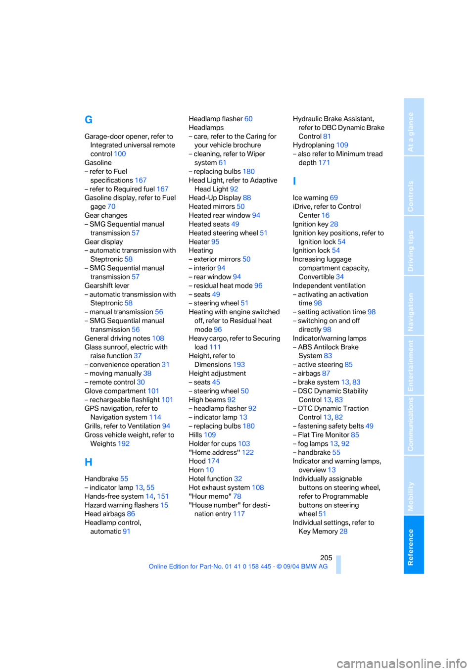 BMW 645I COUPE 2005 E63 Service Manual Reference 205
At a glance
Controls
Driving tips
Communications
Navigation
Entertainment
Mobility
G
Garage-door opener, refer to 
Integrated universal remote 
control100
Gasoline
– refer to Fuel 
spe