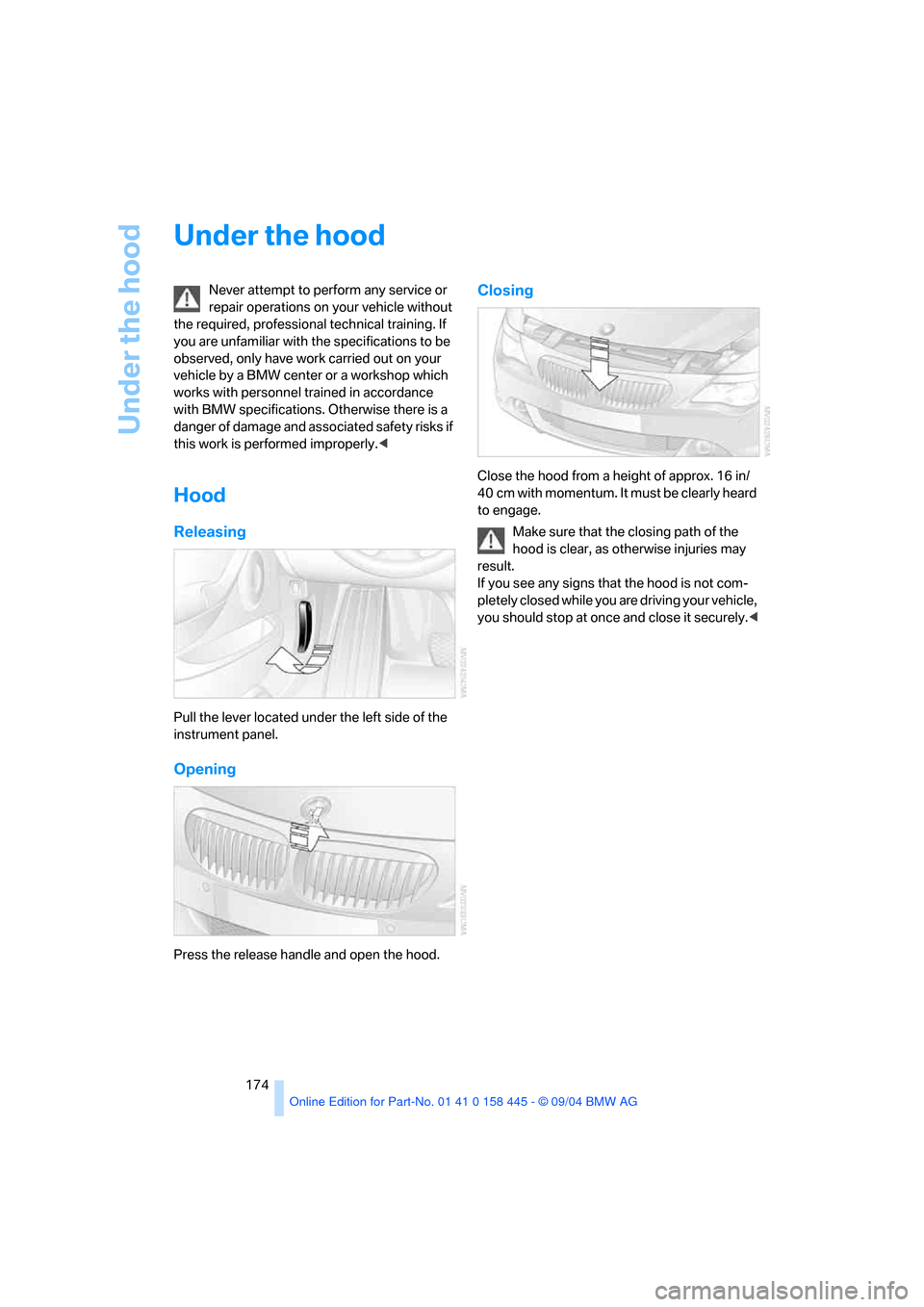 BMW 645I CONVERTIBLE 2005 E63 Owners Manual Under the hood
174
Under the hood
Never attempt to perform any service or
repair operations on your vehicle without
the required, professional technical training. If
you are unfamiliar with the spe BMW 645I CONVERTIBLE 2005 E63 Owners Manual Under the hood
174
Under the hood
Never attempt to perform any service or
repair operations on your vehicle without
the required, professional technical training. If
you are unfamiliar with the spe