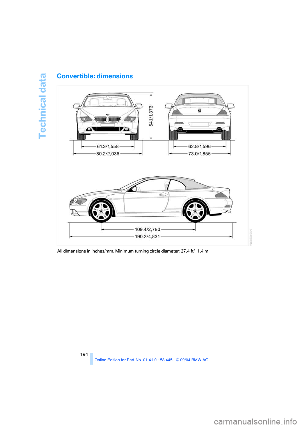 BMW 645I CONVERTIBLE 2005 E63 Owners Manual Technical data
194
Convertible: dimensions
All dimensions in inches/mm. Minimum turning circle diameter: 37.4 ft/11.4 m BMW 645I CONVERTIBLE 2005 E63 Owners Manual Technical data
194
Convertible: dimensions
All dimensions in inches/mm. Minimum turning circle diameter: 37.4 ft/11.4 m