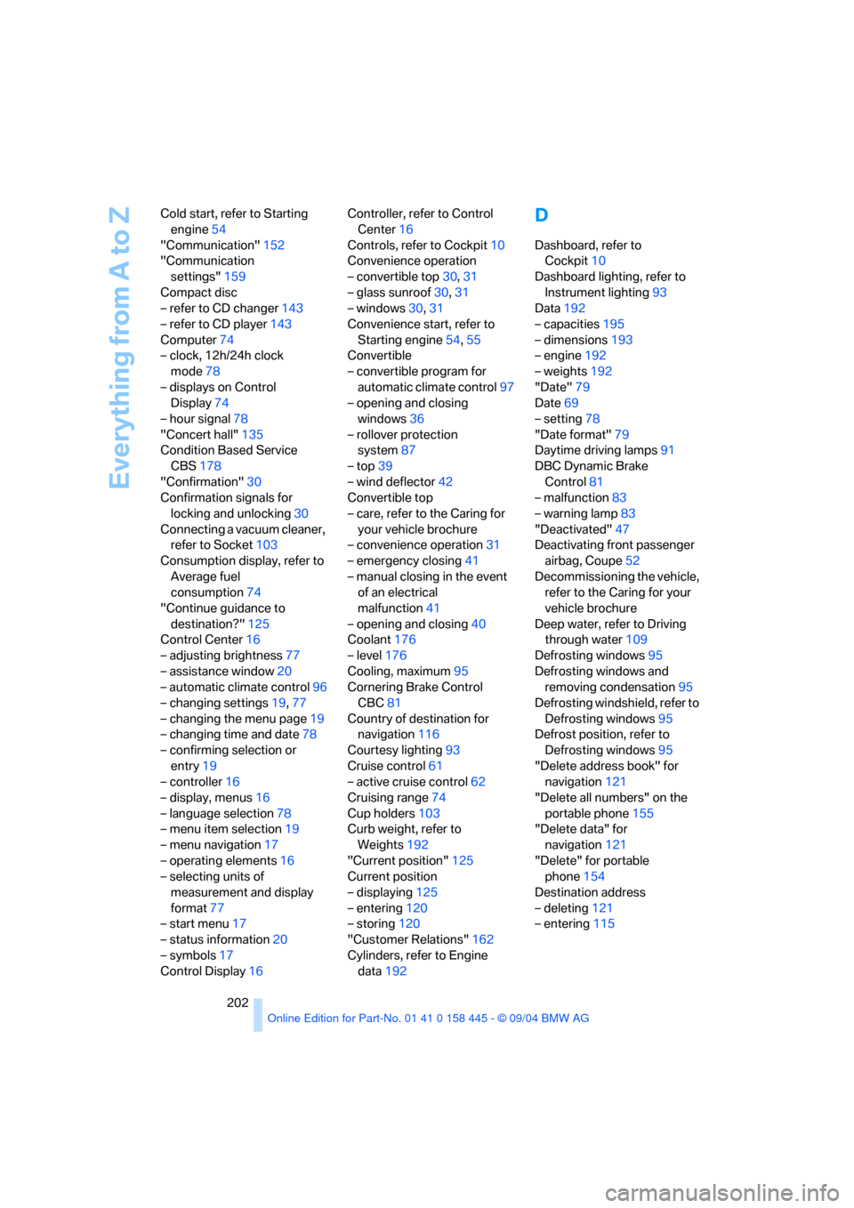 BMW 645I CONVERTIBLE 2005 E63 Service Manual Everything from A to Z
202 Cold start, refer to Starting 
engine54
"Communication"152
"Communication 
settings"159
Compact disc
– refer to CD changer143
– refer to CD player143
Computer74
– cloc