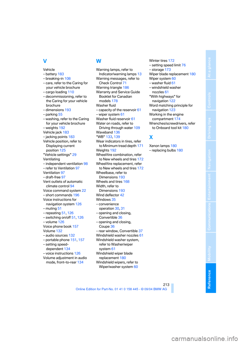 BMW 645I CONVERTIBLE 2005 E63 Workshop Manual Reference 213
At a glance
Controls
Driving tips
Communications
Navigation
Entertainment
Mobility
V
Vehicle
– battery183
– breaking-in108
– care, refer to the Caring for 
your vehicle brochure
�