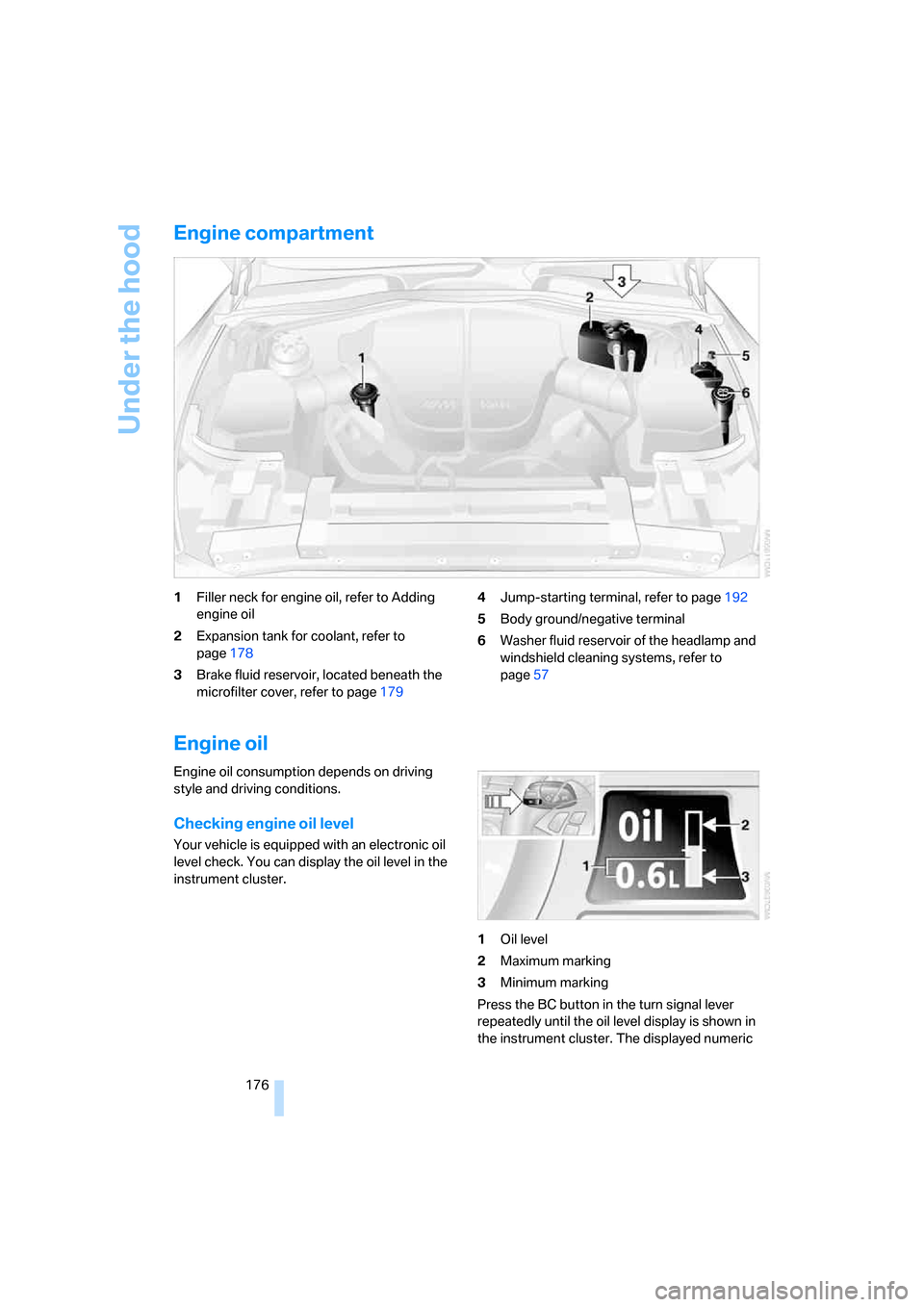 BMW M6 COUPE 2006 E63 Owners Manual Under the hood
176
Engine compartment
1Filler neck for engine oil, refer to Adding 
engine oil
2Expansion tank for coolant, refer to 
page178
3Brake fluid reservoir, located beneath the 
microfilter c