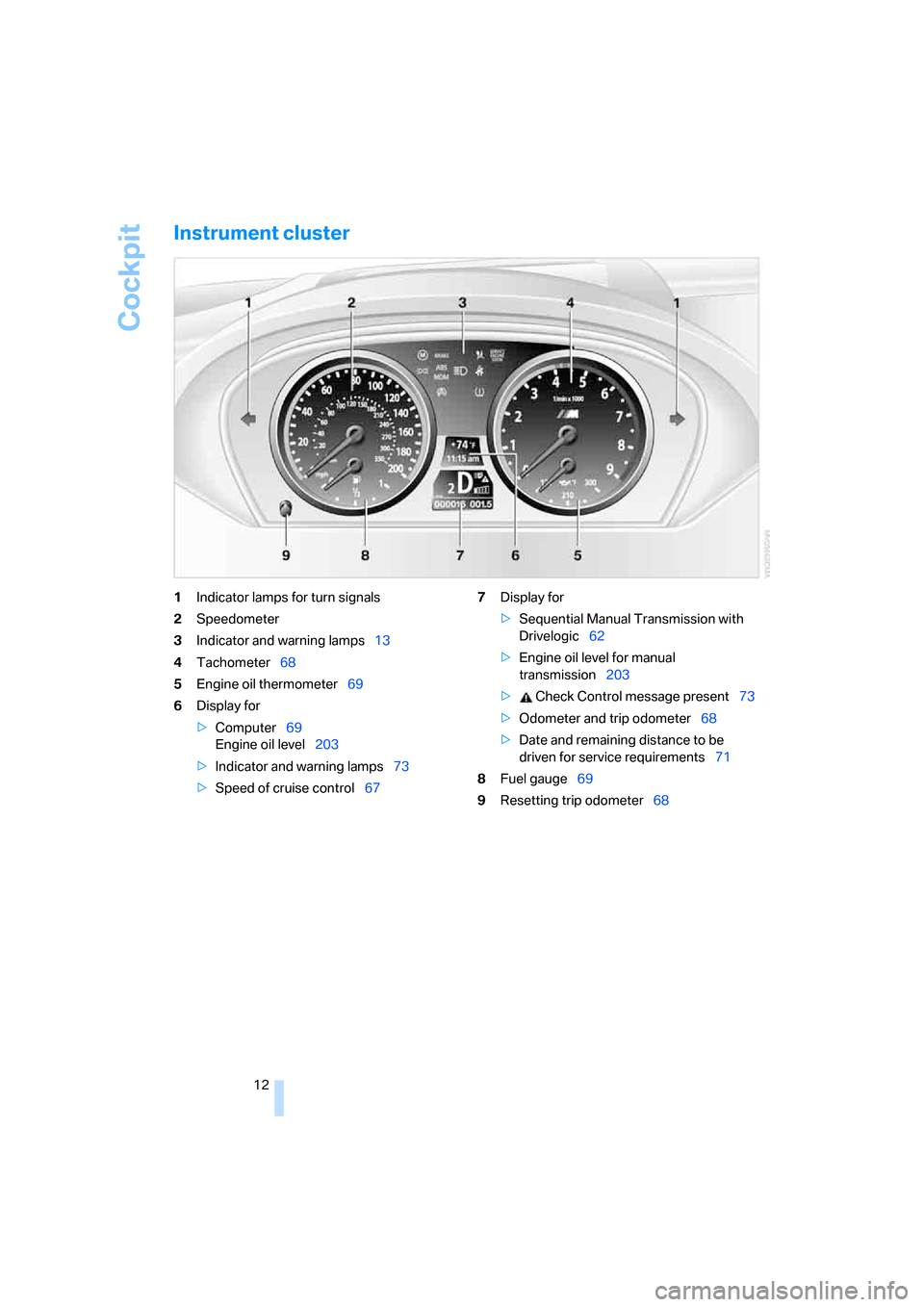 BMW M6 COUPE 2007 E63 Owners Manual Cockpit
12
Instrument cluster
1Indicator lamps for turn signals
2Speedometer
3Indicator and warning lamps13
4Tachometer68
5Engine oil thermometer69
6Display for
>Computer69
Engine oil level203
>Indica
