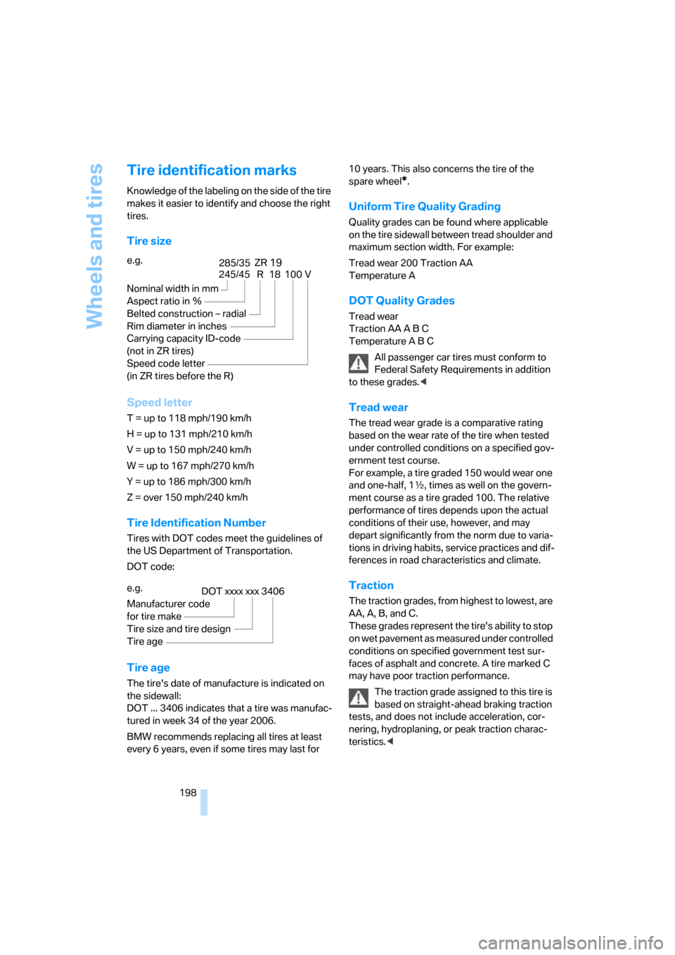 BMW M6 COUPE 2007 E63 Owners Manual Wheels and tires
198
Tire identification marks
Knowledge of the labeling on the side of the tire 
makes it easier to identify and choose the right 
tires.
Tire size
Speed letter
T = up to 118 mph/190 