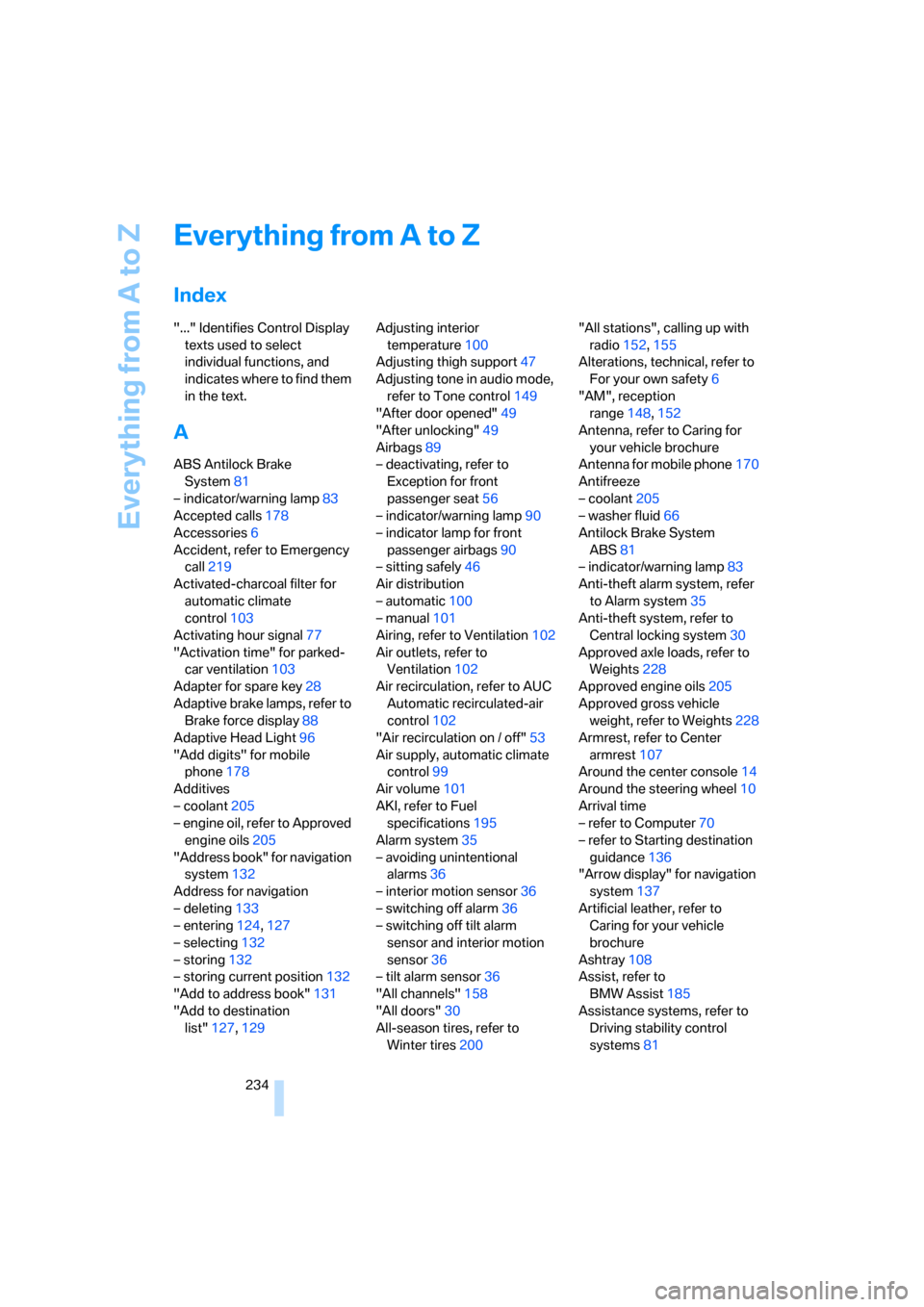 BMW M6 COUPE 2007 E63 Owners Manual Everything from A to Z
234
Everything from A to Z
Index
"..." Identifies Control Display 
texts used to select 
individual functions, and 
indicates where to find them 
in the text.
A
ABS Antilock Bra