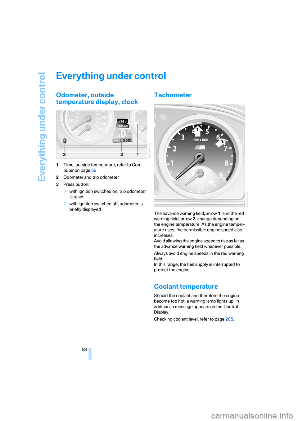 BMW M6 COUPE 2007 E63 Owners Manual Everything under control
68
Everything under control
Odometer, outside 
temperature display, clock
1Time, outside temperature, refer to Com-
puter on page69
2Odometer and trip odometer
3Press button:
