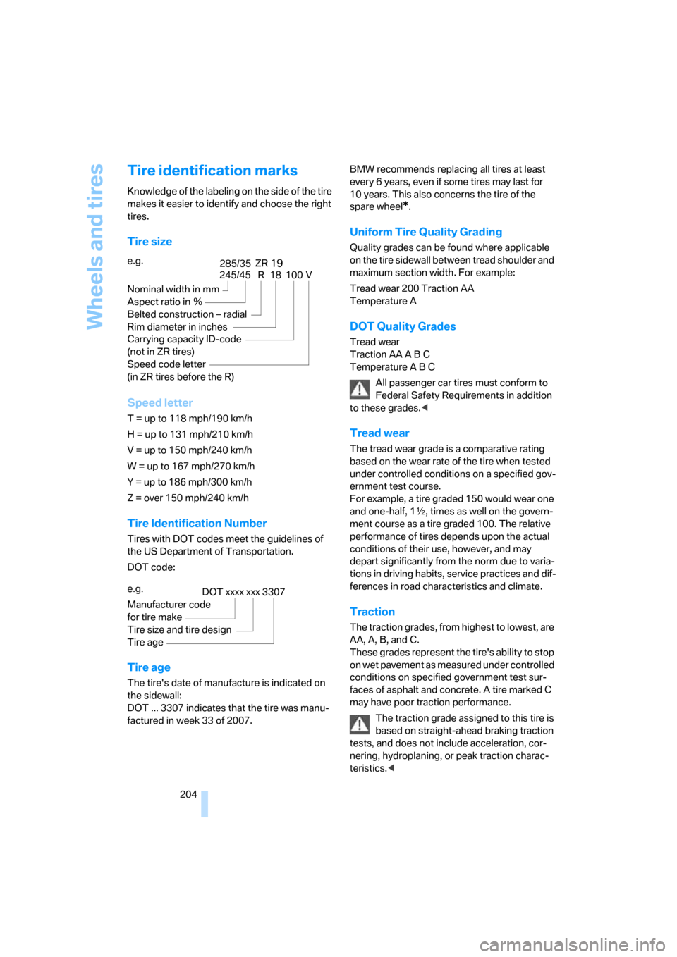 BMW M6 2008 E63 Owners Manual Wheels and tires
204
Tire identification marks
Knowledge of the labeling on the side of the tire 
makes it easier to identify and choose the right 
tires.
Tire size
Speed letter
T = up to 118 mph/190 