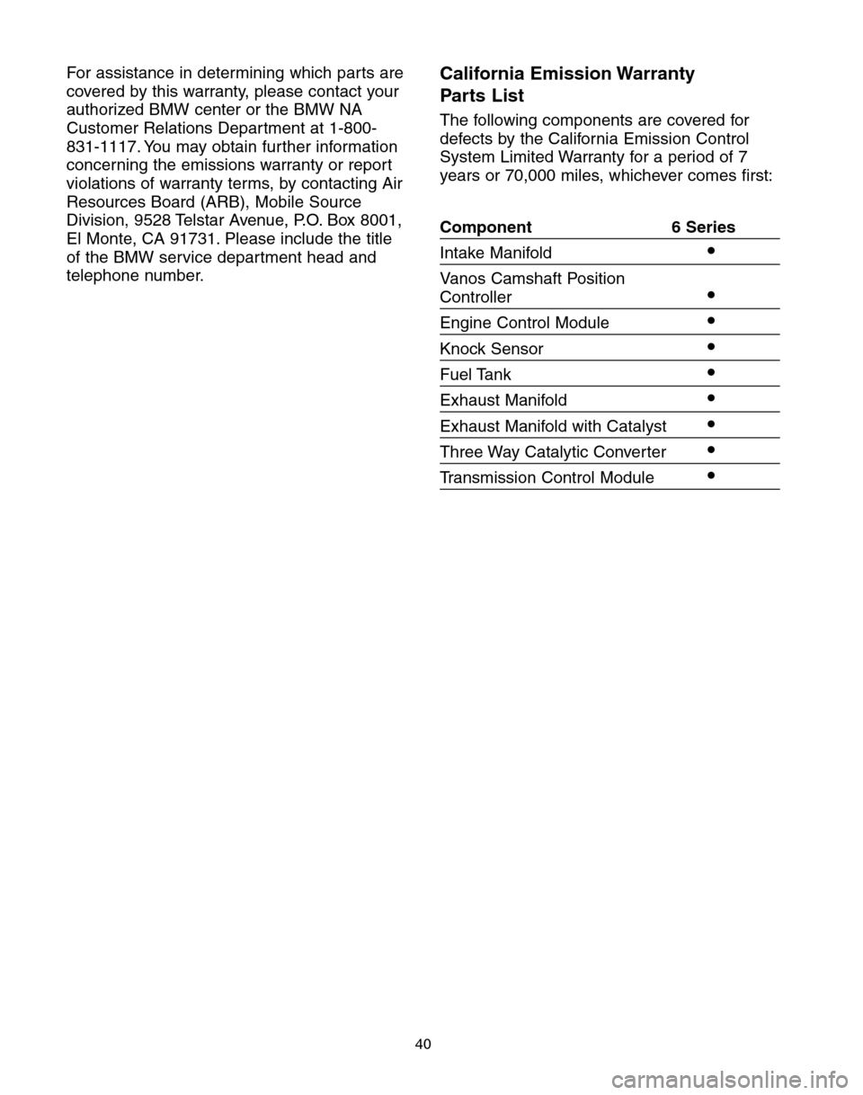 BMW 6 SERIES COUPE 2004 E63 Service and warranty information For assistance in determining which parts are
covered by this warranty, please contact your
authorized BMW center or the BMW NA
Customer Relations Department at 1-800-
831-1117. You may obtain further