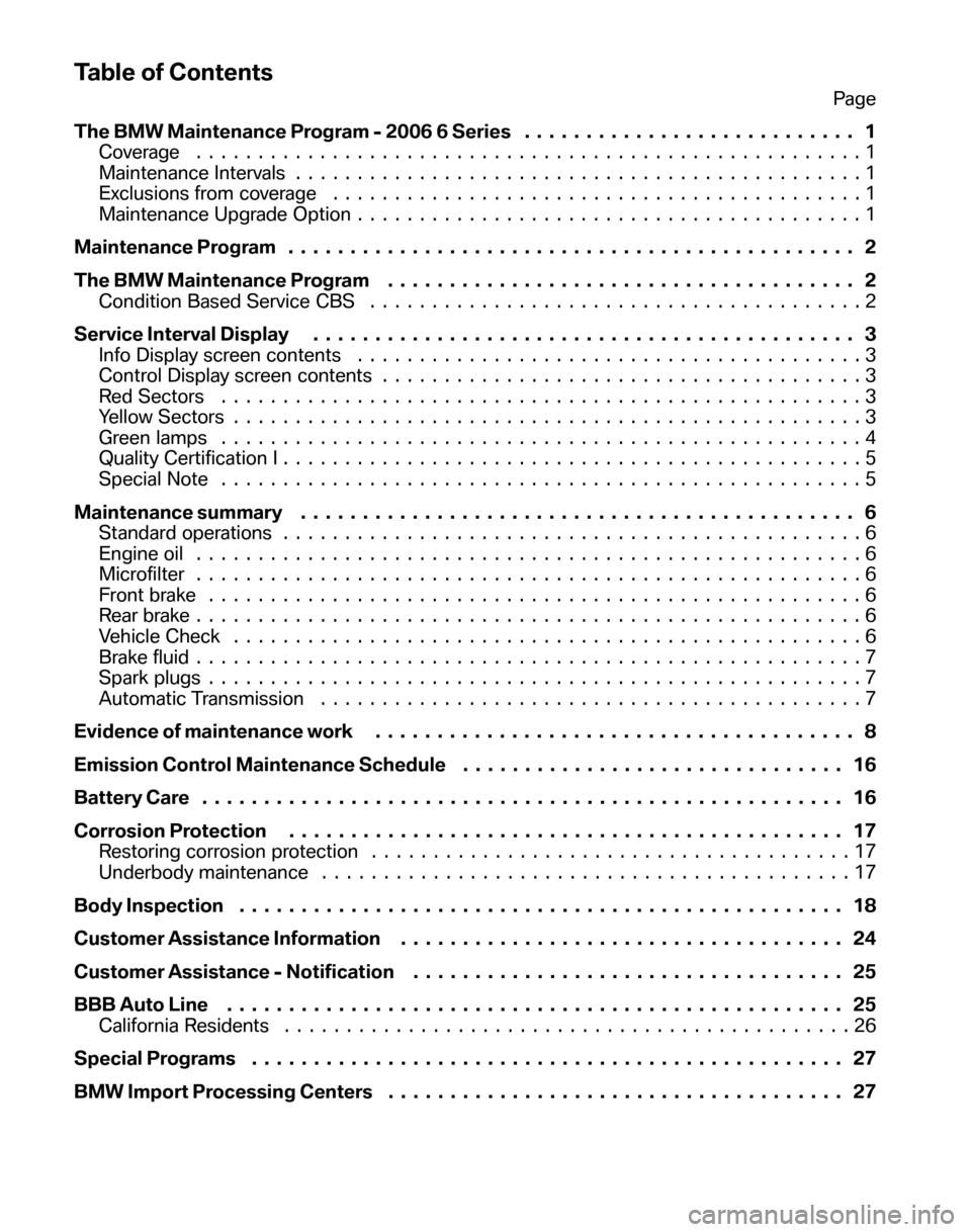 BMW 6 SERIES CONVERTIBLE 2006 E64 Service and warranty information Table of Contents
Page
The BMW Maintenance Program - 2006 6 Series ........................... 1
Coverage ......................................................1
Maintenance Intervals ............ BMW 6 SERIES CONVERTIBLE 2006 E64 Service and warranty information Table of Contents
Page
The BMW Maintenance Program - 2006 6 Series ........................... 1
Coverage ......................................................1
Maintenance Intervals ............