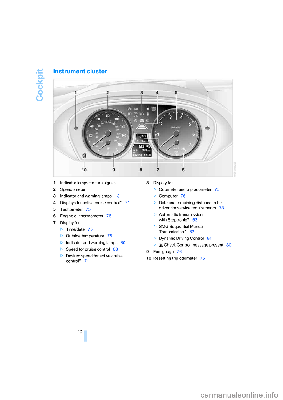 BMW 650I COUPE 2007 E63 Owners Manual Cockpit
12
Instrument cluster
1Indicator lamps for turn signals
2Speedometer
3Indicator and warning lamps13
4Displays for active cruise control
*71
5Tachometer75
6Engine oil thermometer76
7Display for