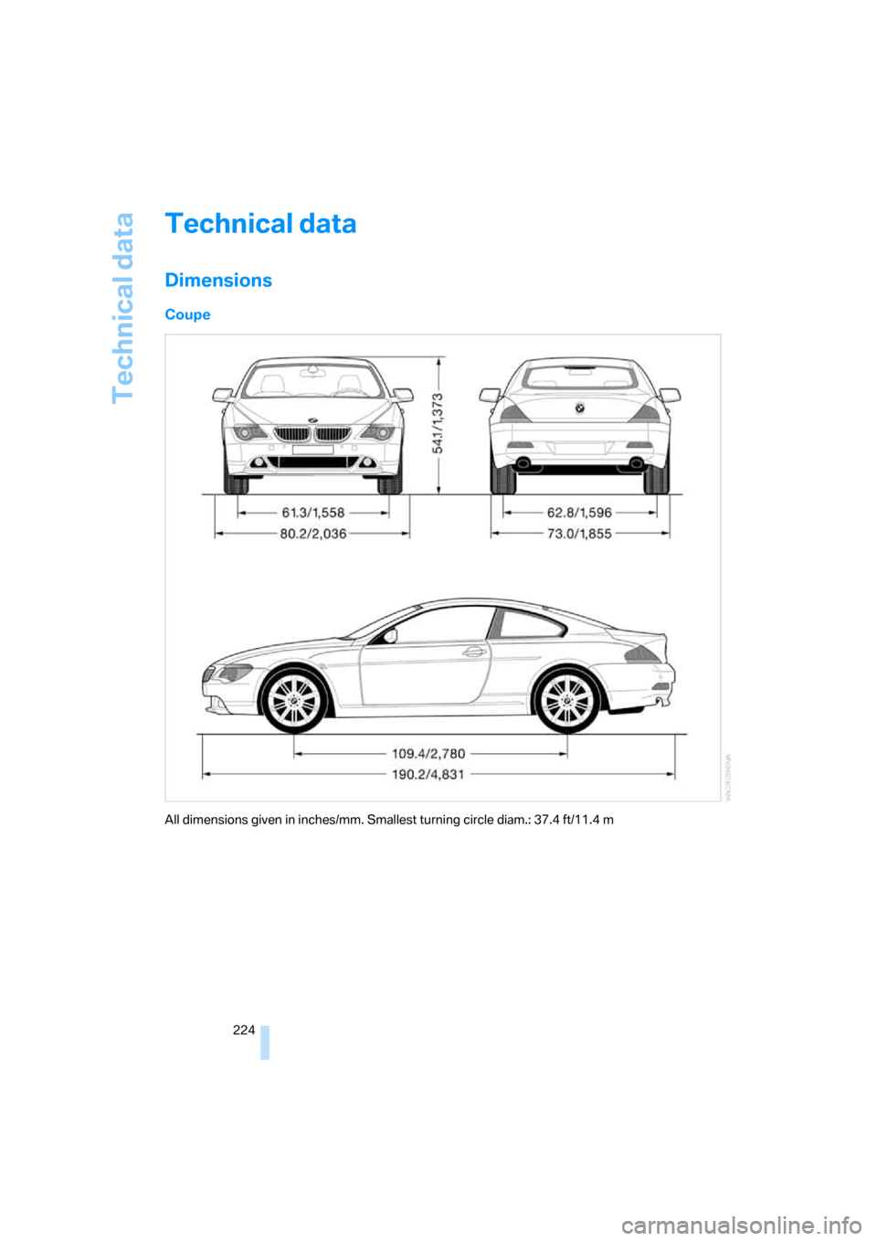 BMW 650I COUPE 2007 E63 Owners Manual Technical data
224
Technical data
Dimensions
Coupe
All dimensions given in inches/mm. Smallest turning circle diam.: 37.4 ft/11.4 m 