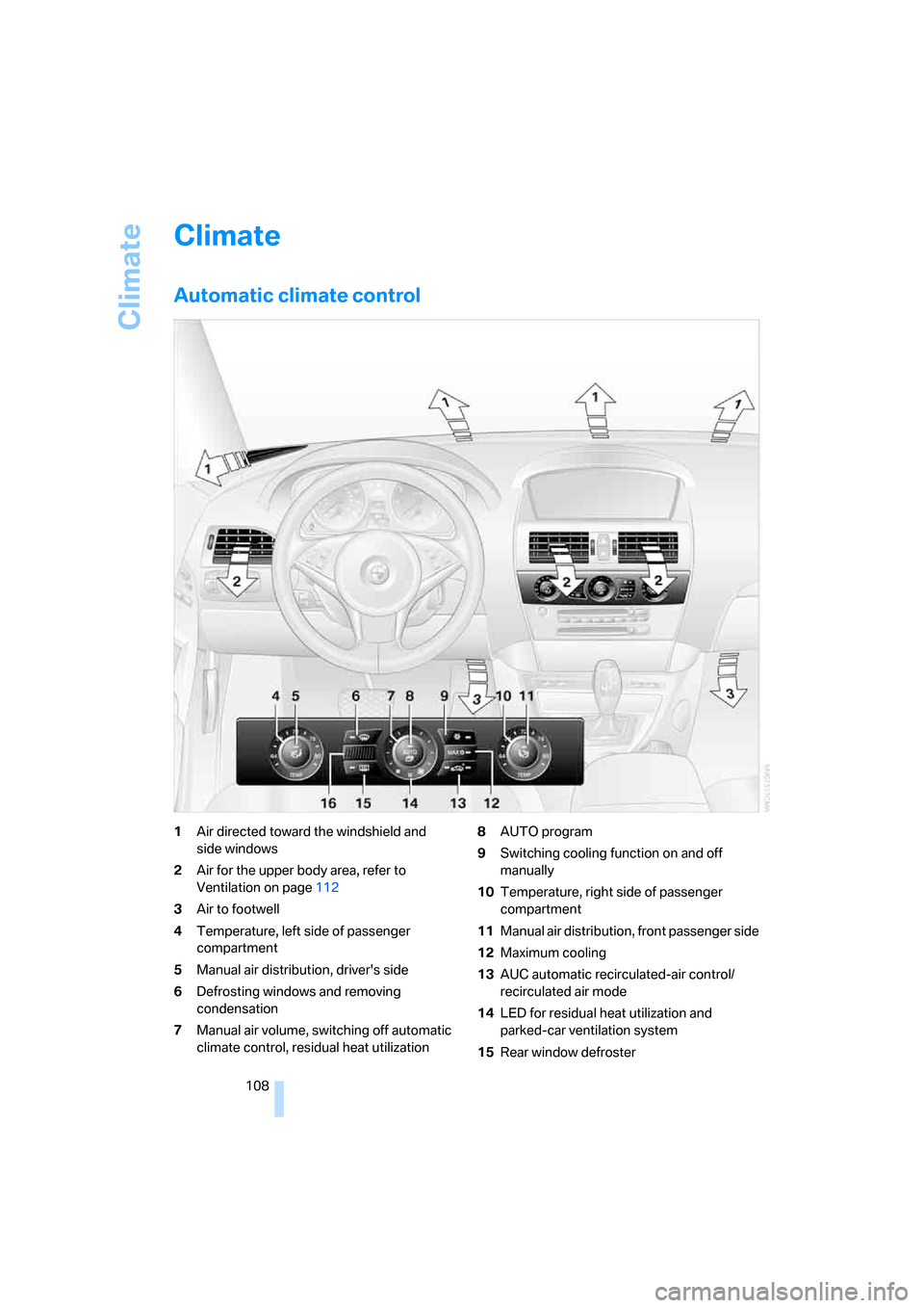 BMW 650I CONVERTIBLE 2008 E64 Owners Manual Climate
108
Climate
Automatic climate control
1Air directed toward the windshield and 
side windows
2Air for the upper body area, refer to 
Ventilation on page112
3Air to footwell
4Temperature, left s