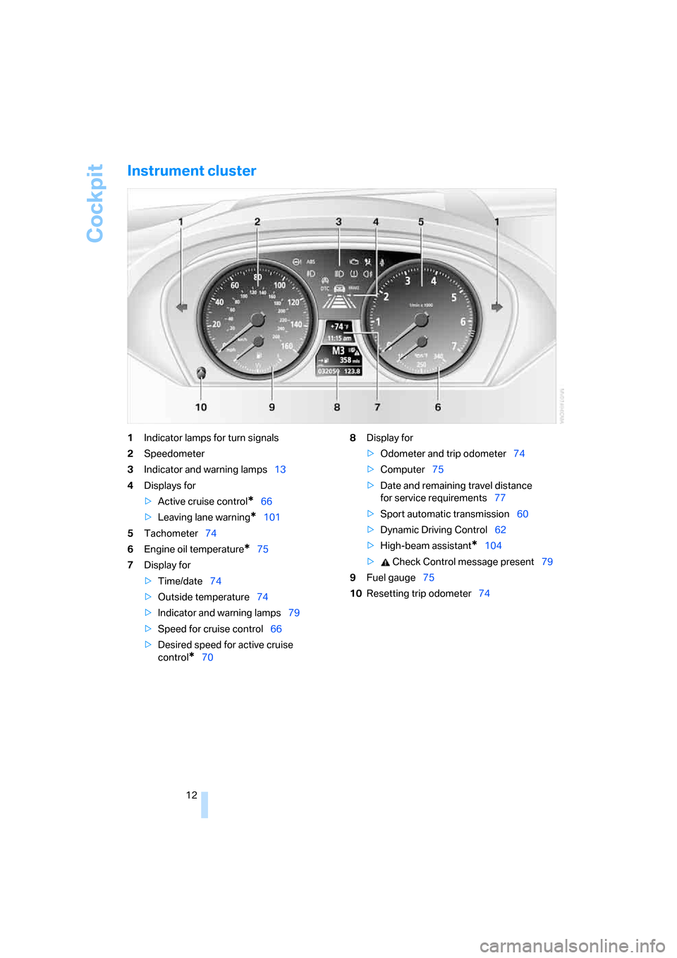 BMW 650I COUPE 2008 E63 Owners Manual Cockpit
12
Instrument cluster
1Indicator lamps for turn signals
2Speedometer
3Indicator and warning lamps13
4Displays for
>Active cruise control
*66
>Leaving lane warning
*101
5Tachometer74
6Engine oi