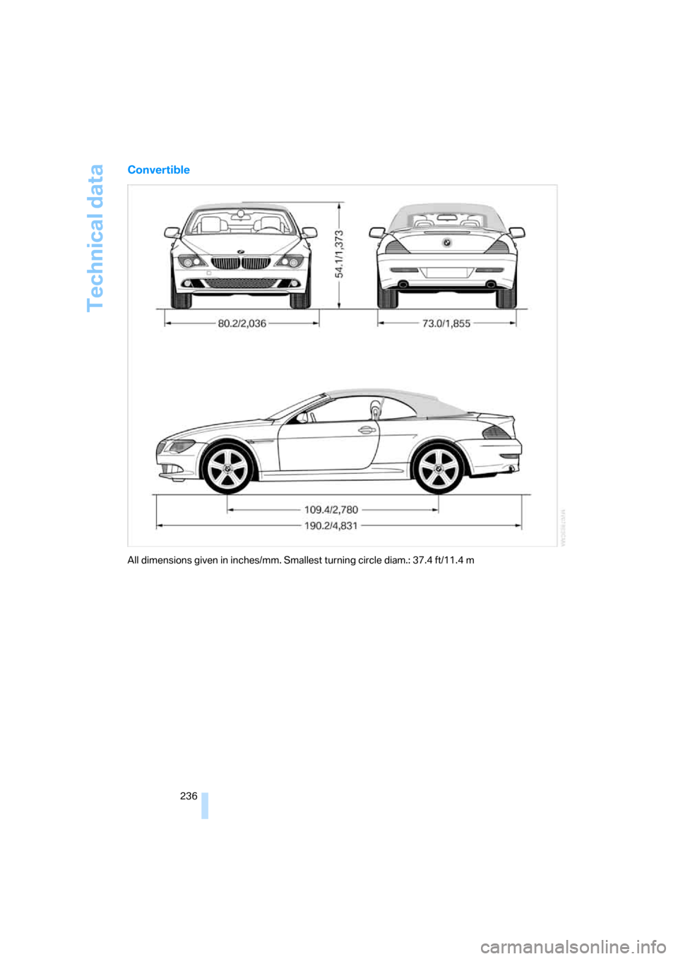 BMW 650I CONVERTIBLE 2008 E64 Owners Manual Technical data
236
Convertible
All dimensions given in inches/mm. Smallest turning circle diam.: 37.4 ft/11.4 m BMW 650I CONVERTIBLE 2008 E64 Owners Manual Technical data
236
Convertible
All dimensions given in inches/mm. Smallest turning circle diam.: 37.4 ft/11.4 m