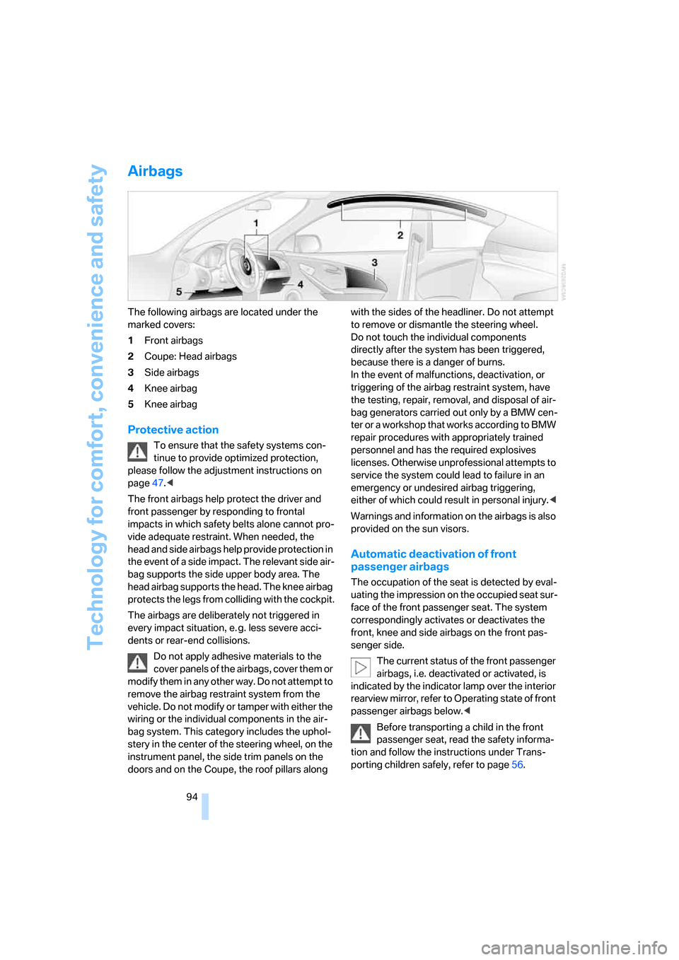 BMW 650I CONVERTIBLE 2008 E64 Owners Manual Technology for comfort, convenience and safety
94
Airbags
The following airbags are located under the 
marked covers:
1Front airbags
2Coupe: Head airbags
3Side airbags
4Knee airbag
5Knee airbag
Protec