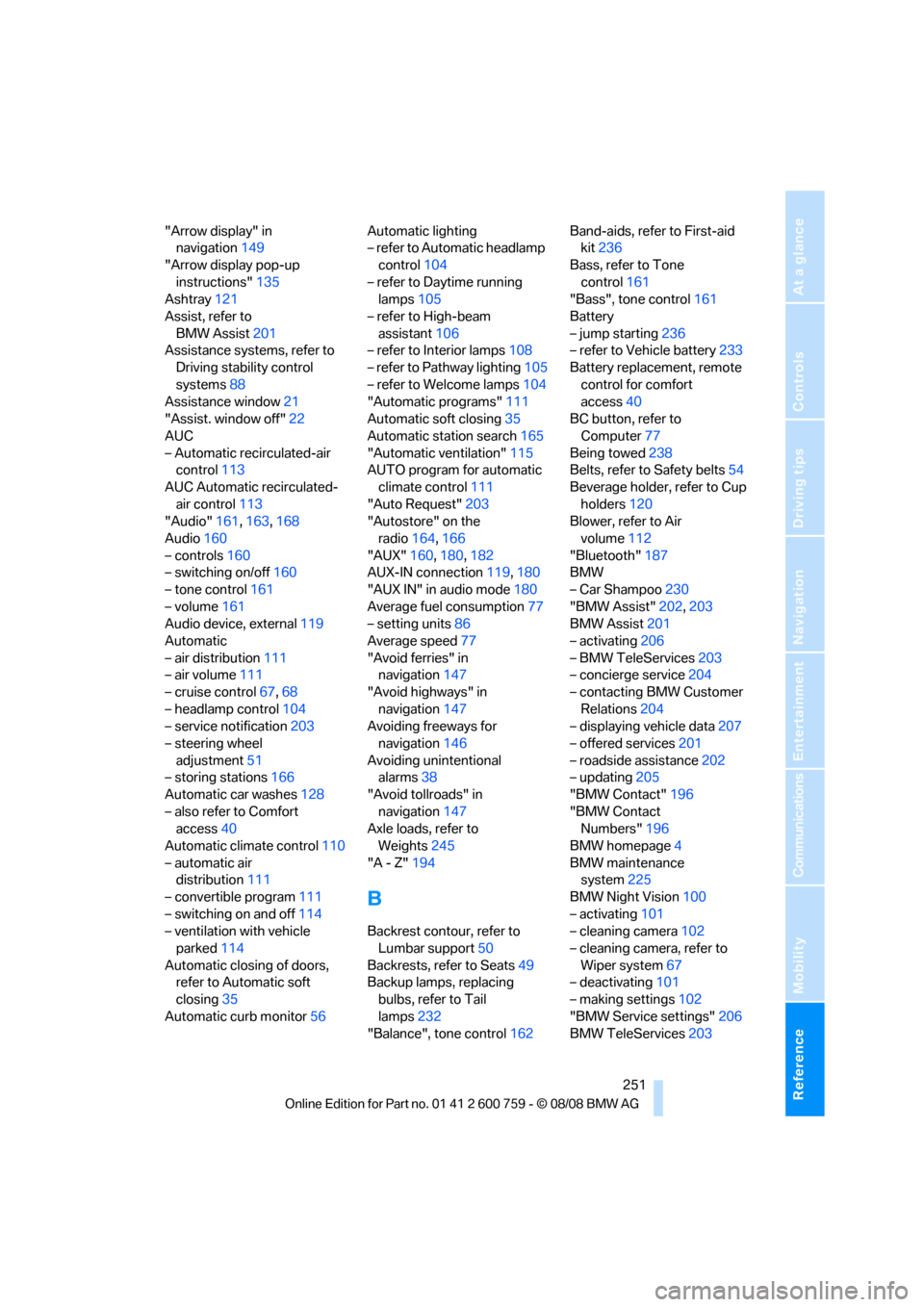 BMW 650I CONVERTIBLE 2009 E64 Owners Manual Reference 251
At a glance
Controls
Driving tips
Communications
Navigation
Entertainment
Mobility
"Arrow display" in 
navigation149
"Arrow display pop-up 
instructions"135
Ashtray121
Assist, refer to 
