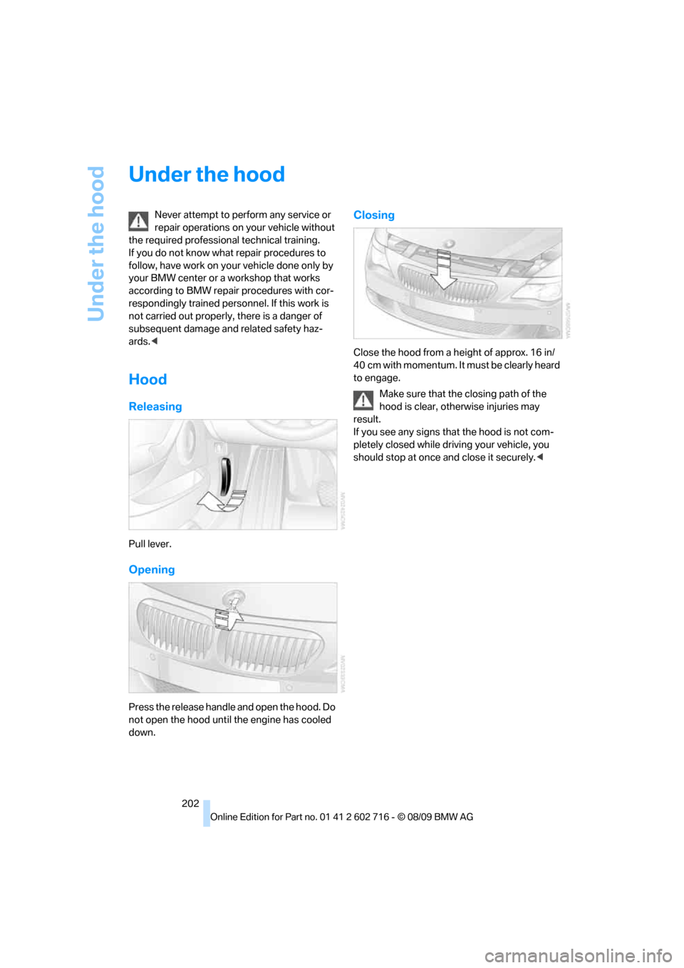 BMW 650I CONVERTIBLE 2010 E64 Owners Manual Under the hood
202
Under the hood
Never attempt to perform any service or 
repair operations on your vehicle without 
the required professional technical training. 
If you do not know what repair proc