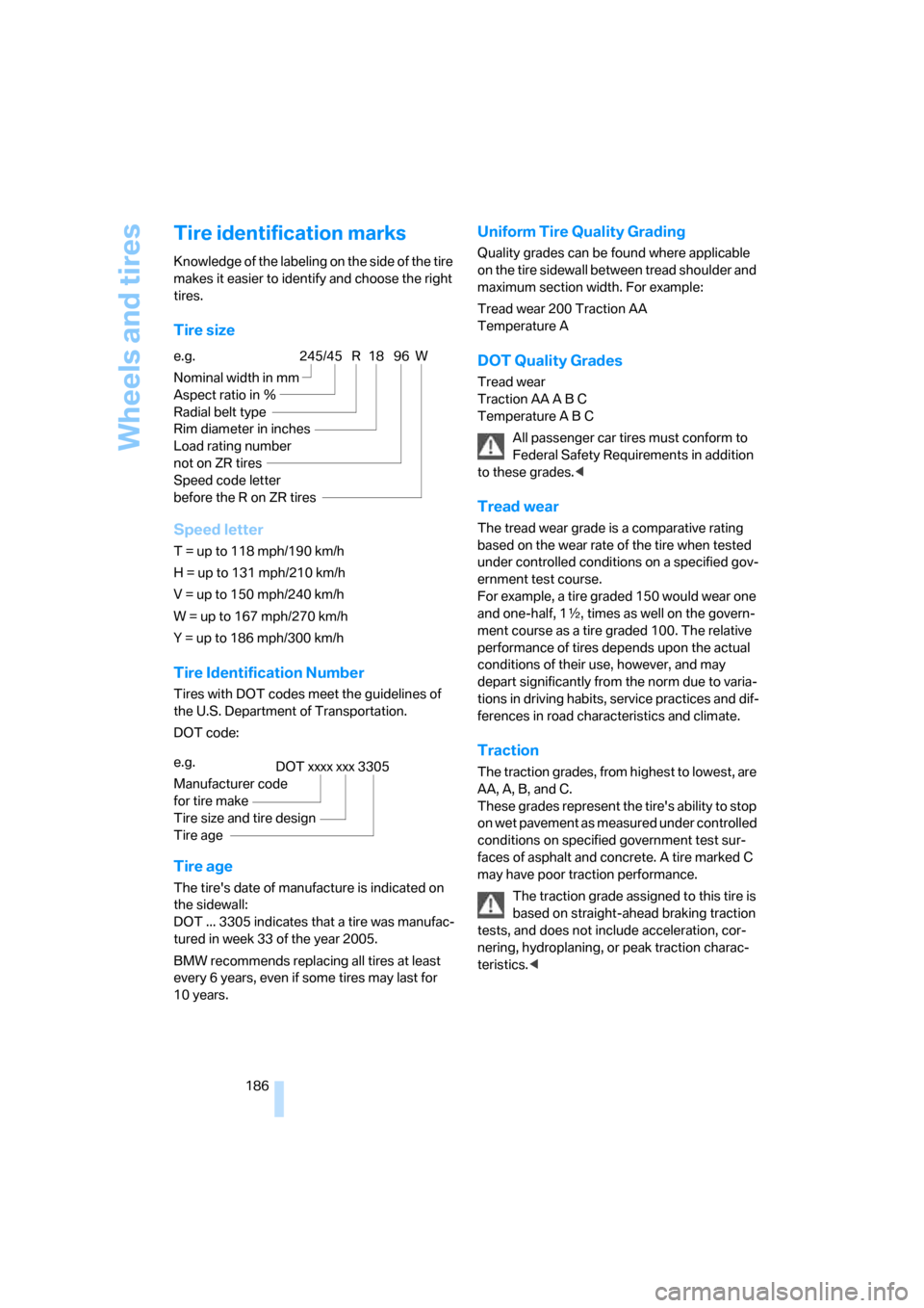 BMW 650I CONVERTIBLE 2006 E64 Owners Manual Wheels and tires
186
Tire identification marks
Knowledge of the labeling on the side of the tire 
makes it easier to identify and choose the right 
tires.
Tire size
Speed letter
T = up to 118 mph/190 